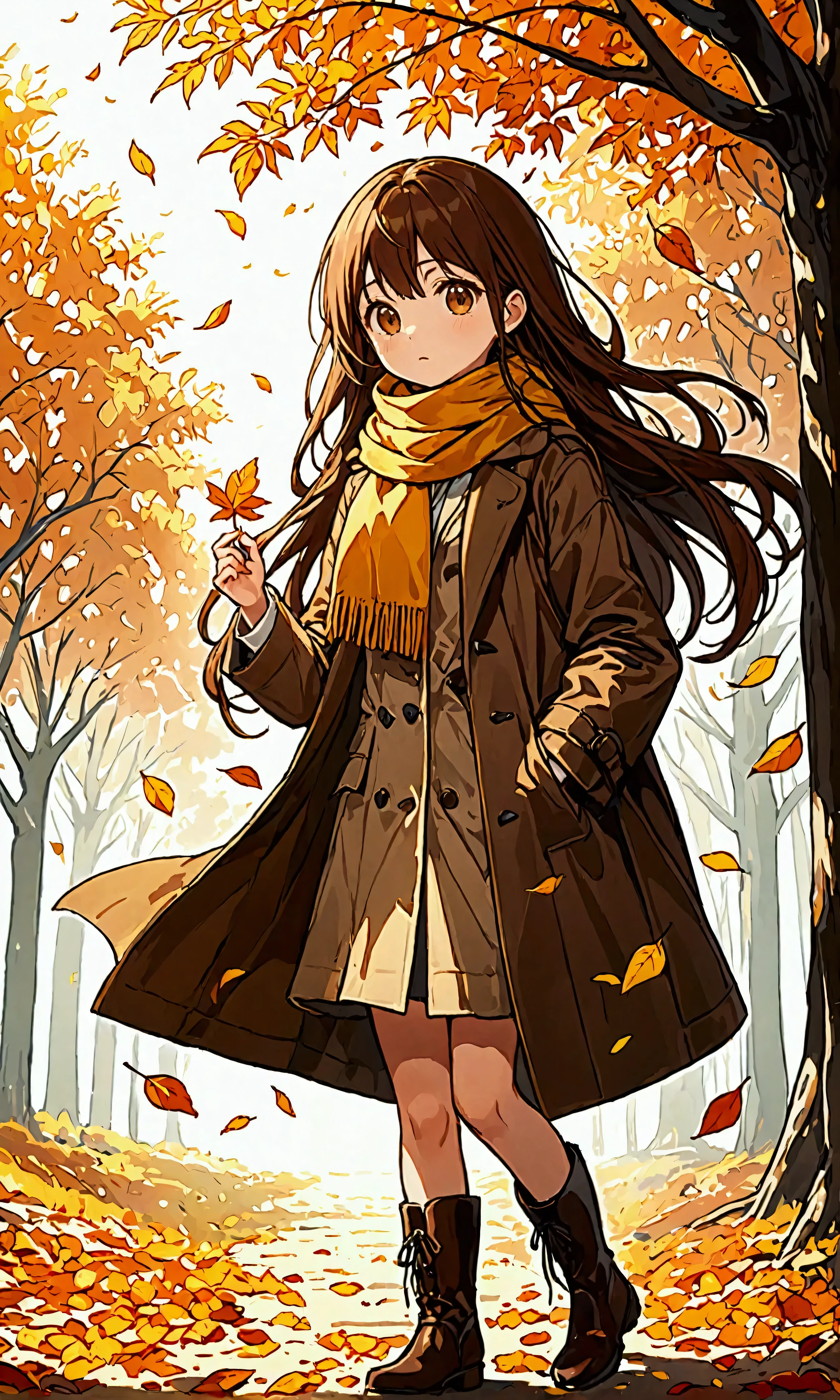 (solo),1girl\(long brown hair, cute, autumnal attire, scarf, coat, boots, pinching leaves\(which are shining golden through the sunlight),full body\\),(from side:1.3), long shot, simple minimalism white background, BREAK ,quality\(masterpiece, best quality,8k,wallpaper of extremely detailed CG unit, high resolution, top-quality, top-quality real texture skin, hyper realistic, increase the resolution, RAW photos, best quality, highly detailed, the wallpaper,golden ratio,high saturation realism, vibrant colors, dramatic lighting, persuasive storytelling, atmospheric scenery, captivating visuals, intricate details, strong emotions,dreamlike world\),