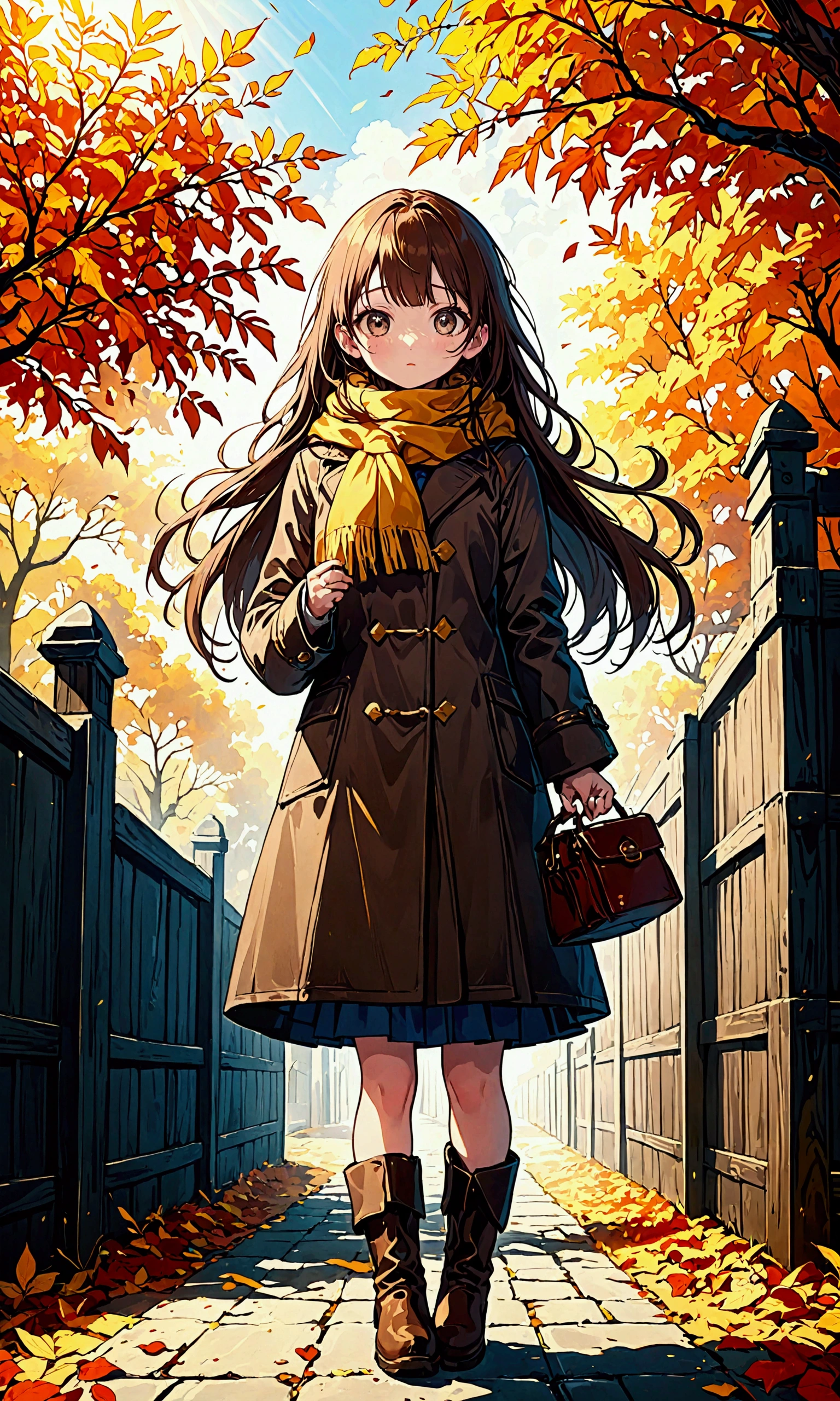 1girl\(long brown hair, cute, autumnal attire, scarf, coat, boots, pinching leaves\(which are shining golden through the sunlight),full body\\), simple background, BREAK ,quality\(masterpiece, best quality,8k,wallpaper of extremely detailed CG unit, high resolution, top-quality, top-quality real texture skin, hyper realistic, increase the resolution, RAW photos, best quality, highly detailed, the wallpaper,golden ratio,high saturation realism, vibrant colors, dramatic lighting, persuasive storytelling, atmospheric scenery, captivating visuals, intricate details, strong emotions,dreamlike world\),from side