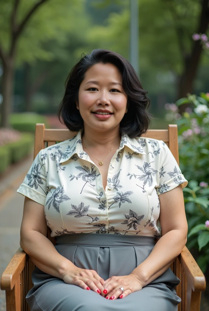 最high quality, In 8K, Masseter region, Genuine, Sharp focus, high quality, High resolution, Detailed face, fine grain, Thick lips, Background Blur, alone, Middle-aged women, , 65 years old, , Wavy Hair, Cleavage, Wearing a plain short-sleeved knit, sitting on a park bench, Wrinkles around the eyes, Smiling with teeth showing
