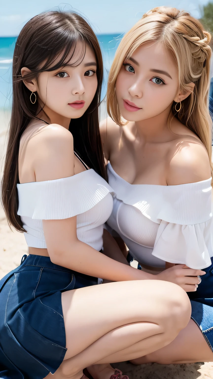 (2girls, beautiful three girls:1.4), from below, in the royal gardens, rose, rock, sunlight, beautiful lighting, BREAK ((1 girl)), (on the left side:1.4), cute girl, 18 years old, (blonde wavy medium hair:1.2), beautiful detailed blue eyes, big breasts, sitting on a rock, (happy), (looking away:1.2), full-face blush, (no pants:1.2), (no clothes), bare breasts, nipples, navel, no panties, and ((1 girl)), (on the right side:1.4), beautiful girl, 17 years old, (black bob straight hair:1.4), beautiful detailed purple eyes, large breasts, sitting on a rock, (happy), (looking away:1.2), full-face blush, (no pants:1.2), bare shoulders, off shoulder, (no clothes), bare breasts, nipples.