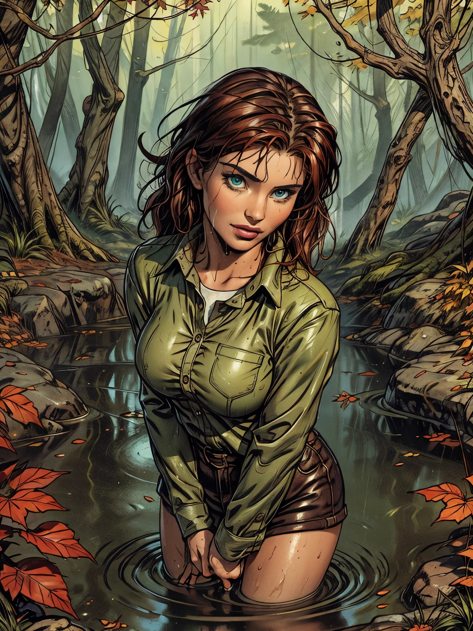 masterpiece, best quality, autumn outfit, colorful hair, outdoor,upper body, colorful autumnal clothes, ((fully clothed)), warm clothes, wet clothes, soaked, drenched, excited, wet hair, wet and slimy, water up to her chest, submerged, fantasy environment, fantasy black forest environment ,fantastical, vivid colors, varied poses, detailed green eyes, beautiful German girl