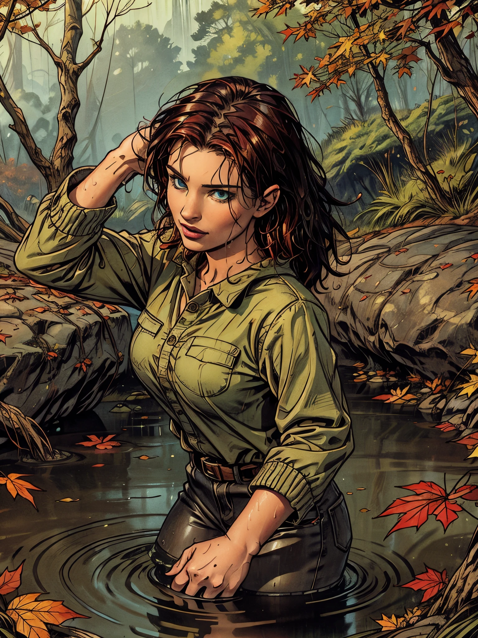 masterpiece, best quality, autumn outfit, colorful hair, outdoor,upper body, colorful autumnal clothes, ((fully clothed)), warm clothes, wet clothes, soaked, drenched, excited, wet hair, wet and slimy, water up to her chest, submerged, fantasy environment, fantasy black forest environment ,fantastical, vivid colors, varied poses, detailed green eyes, beautiful German girl