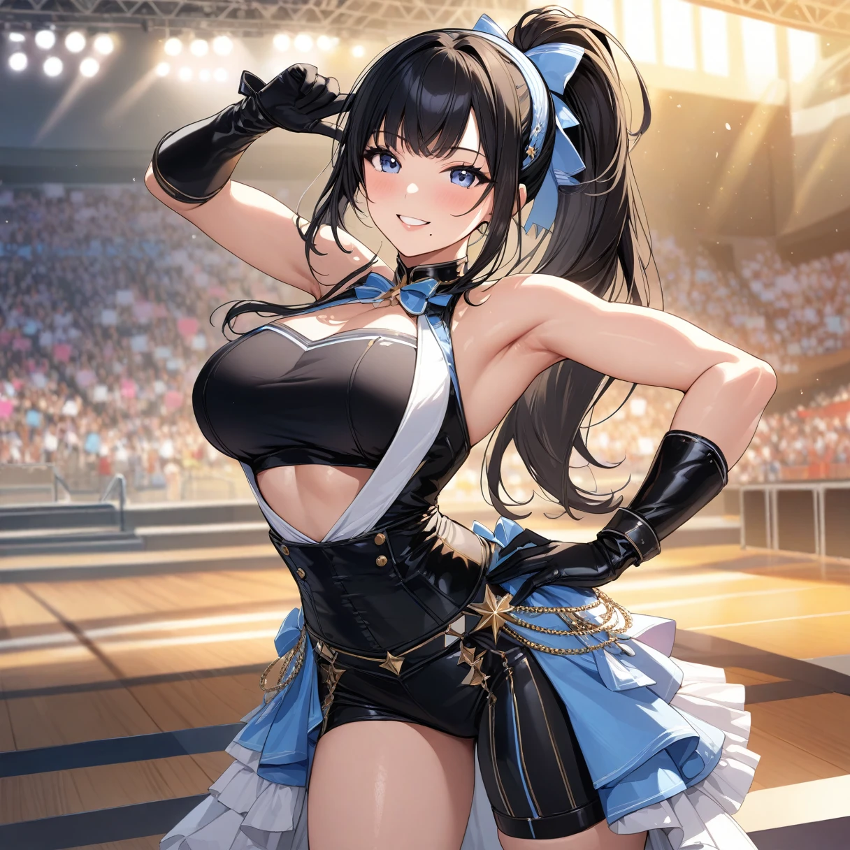 (masterpiece),(Please redeem),(Super detailed),(Best illustrations),(Best Shadow),(Absurd),(Detailed Background),(so beautiful),  Hiori said:, Black Hair, ponytail, smile, One Girl, Long Hair, Hairbands, ponytail, gloves, bangs, Idol, Browse your viewers, Showing off the muscles and emphasizing, Mole under the mouth, 