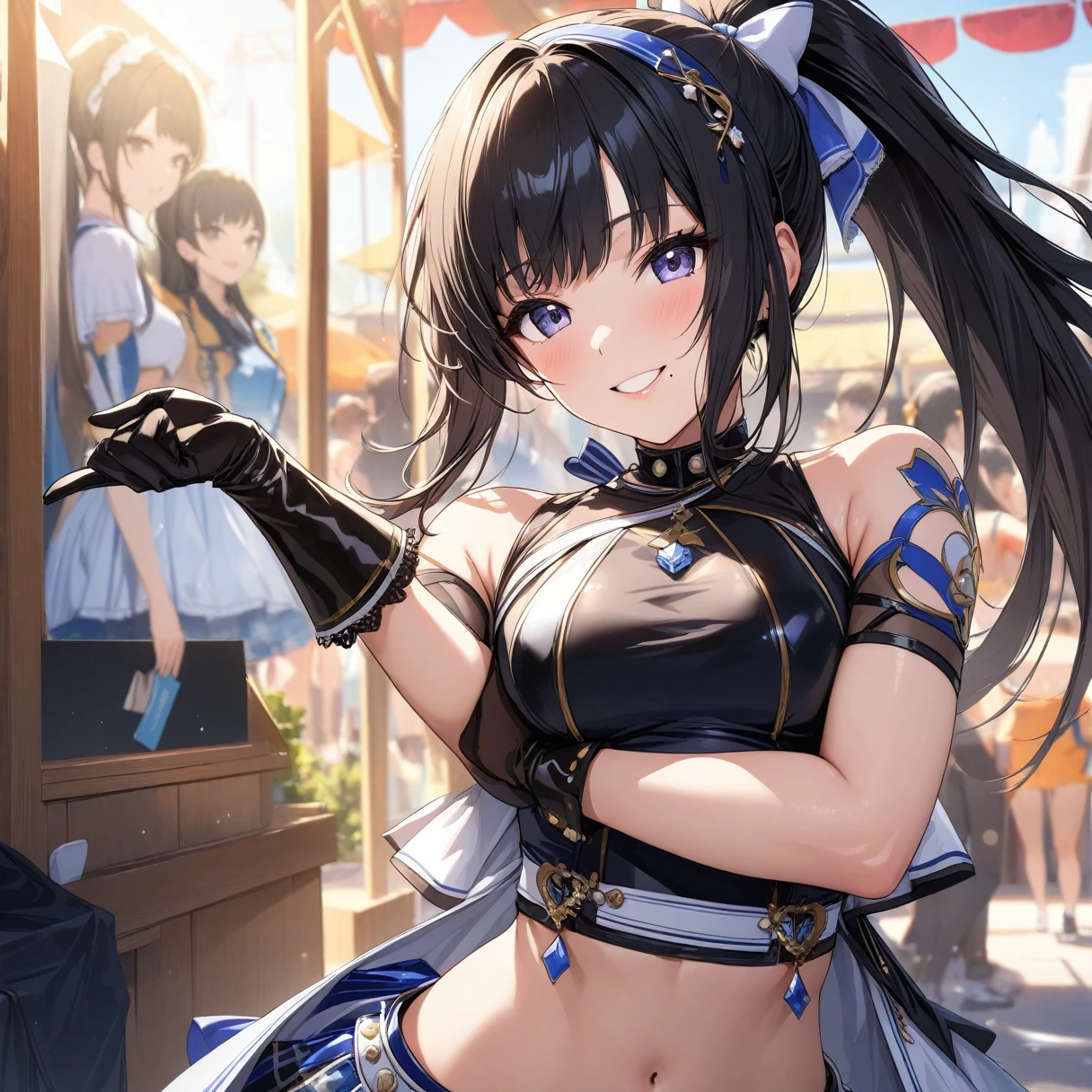 (masterpiece),(Please redeem),(Super detailed),(Best illustrations),(Best Shadow),(Absurd),(Detailed Background),(so beautiful),  Hiori said:, Black Hair, ponytail, smile, One Girl, Long Hair, Hairbands, ponytail, gloves, bangs, Idol, Browse your viewers, Showing off the muscles and emphasizing, Mole under the mouth, 