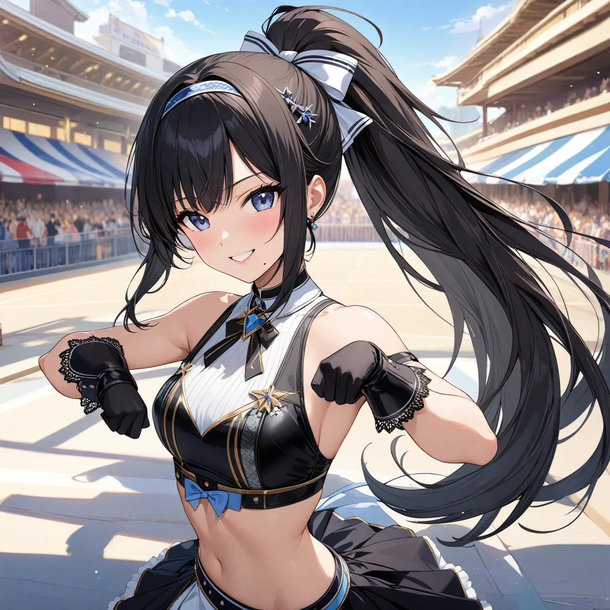 (masterpiece),(Please redeem),(Super detailed),(Best illustrations),(Best Shadow),(Absurd),(Detailed Background),(so beautiful),  Hiori said:, Black Hair, ponytail, smile, One Girl, Long Hair, Hairbands, ponytail, gloves, bangs, Idol, Browse your viewers, Showing off the muscles and emphasizing, Mole under the mouth, 