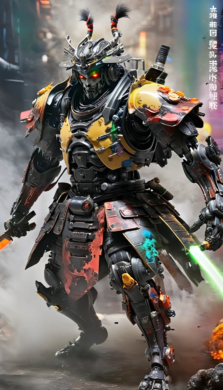 A cyborg samurai-like creature in action、Launch an attack on the enemy, FW Murano Style, Pitch black smoke coming out, Vibrant Color Blast, Incredibly detailed, dark, Key Visual, Atmospheric, Very realistic, Attention to detail and texture, Ray Tracing