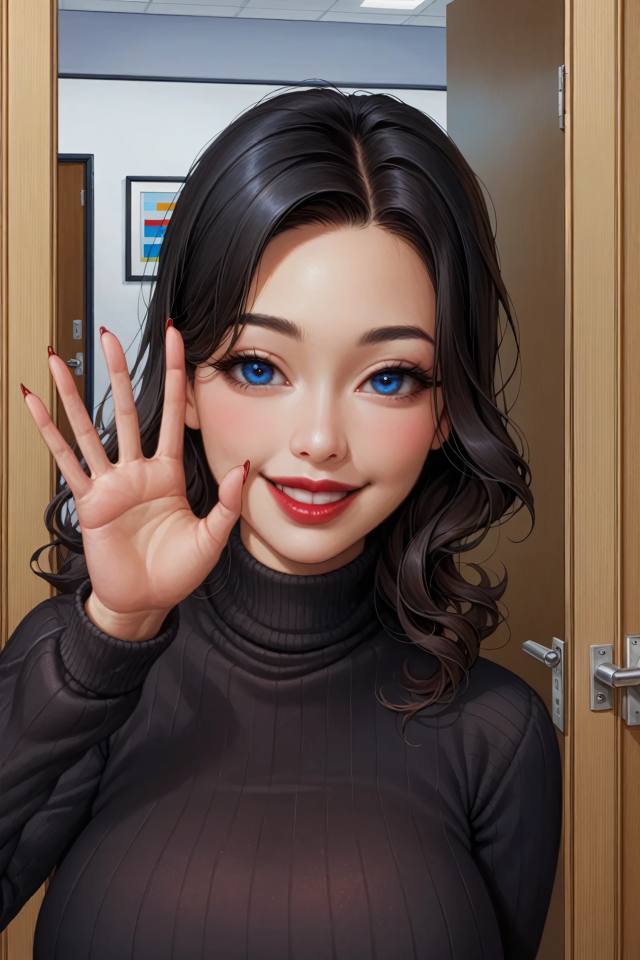 hyperrealistic art cinematic film still lower angle photography in the style of detailed hyperrealism photoshoot, Extremely high-resolution details, photographic, realism pushed to extreme, fine texture, beautiful asian woman gemma chan office setting (muse large lips red and full), , largebreasts_ wide hips, ,, long fingernails, lightly muscled, very tight black sweater (long straight sleek black hair:1.1), blue eyes,red lipstick ((entering office door waving open hand , loving smile :1.3)) ,