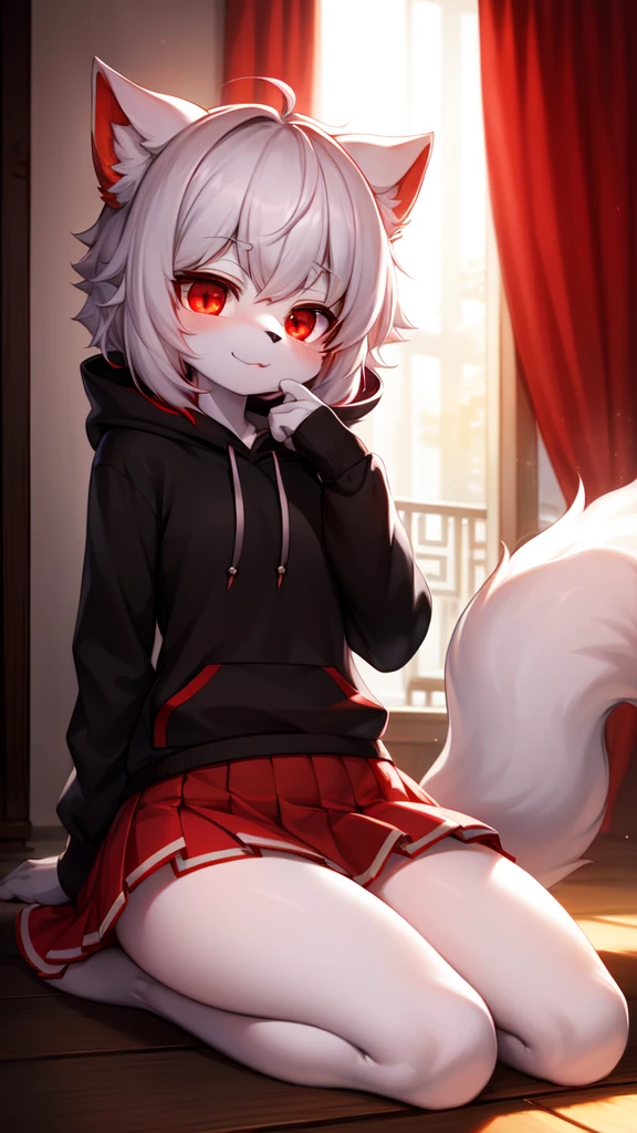furry, white fur, ultra cute face, red elements on fur, glowing hoodie, beautiful lights and shadows, ambient light, ultra detailed fur, volumetric light, (thick thighs:0.9), Japanese-style kneeling sitting, (Sharp eyeliner, eye shadows, Detailed eyes:1.1), legs spread:1.1, (view from front:0.8), (fox:0.8), tail, overhead view:1.5, (breast:0.6)