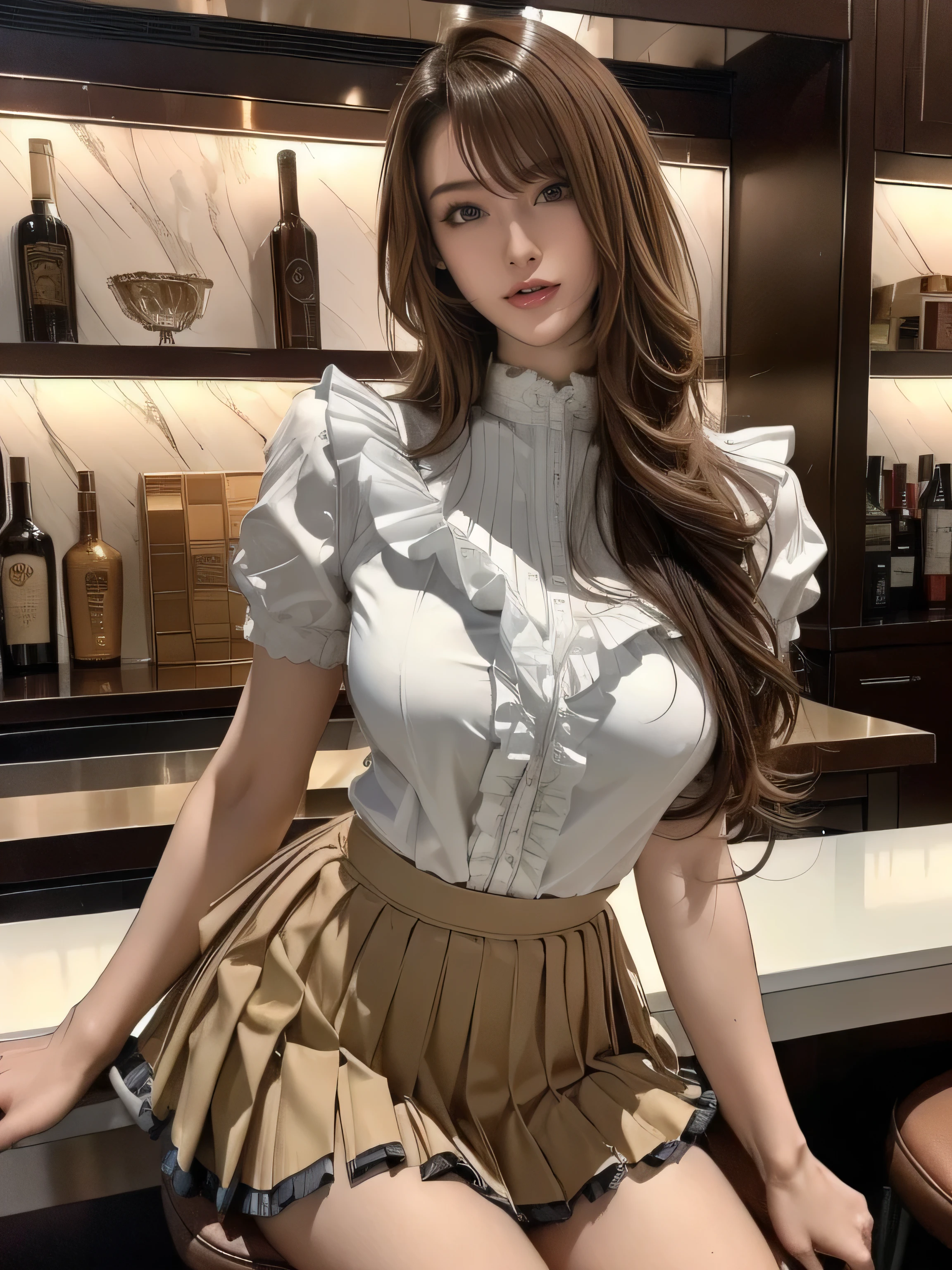 A close up of a woman sitting on a bar wearing a skirt - SeaArt AI