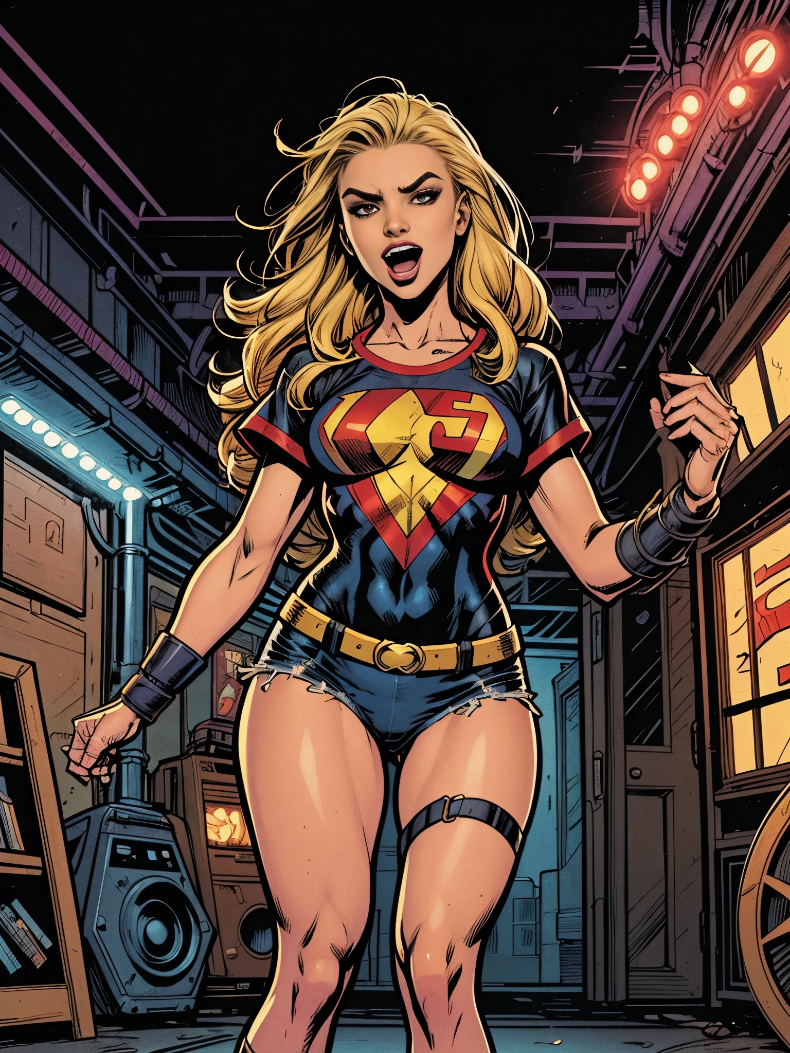 raw photo, ((comix style by marc silvestri)) (((beautiful woman))), (((karen starr))), ((Powergirl)) european perfect and detailed, style comix illustration style, tatoon style, woman model ultra detailed, (beautiful and clear background:1.2),, fantastic paintings, graffiti style, highly detailed eyes, a white t-shirt or tattoo stamp , blond hair, masterpiece, best quality, high quality, highres, detail enhancement, ((most beautiful image in the world)), masterpiece, best quality, high quality, highres, detail enhancement, ((most beautiful image )),with short, shiny black hair, wearing a large round-neck t-shirt, wearing jeans, five legs, like yellow sneakers, emphasizing the integrity of the human body, arms restrained, emphasis on the correct 5 fingers on each hand and the correct shadow, bright image, art by stanley artgerm lau, art by kenneth rocafort, art by genzoman, art by joe madureira, art by blushyspicy, art by stjepan sejic, art by j scott campbell, art by guillem march, art by citemer liu, 4k, high resolution, comic book, comic book character, comic, high quality, ((cameltoe)), panty in pussy, (((torn clothes))), (((restrained with big rusty chains:1.2)))