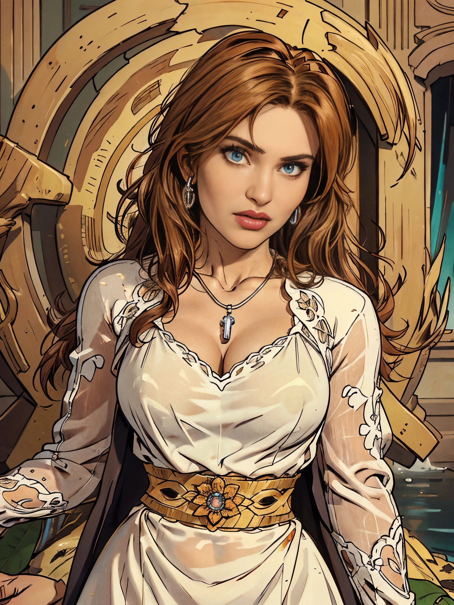 (  Absurdly , High quality , ultra detailed ) ,( hand detailed ) , 1girl, solo, mature, very long hair, sunflower hair , beautiful crystal eyes ( eye detailed ) Baroque, Necklace, long dress, long sleeve, elegant, colorful, highest detailed, upper body , with the river and sunflowers, tatiana.milovani 