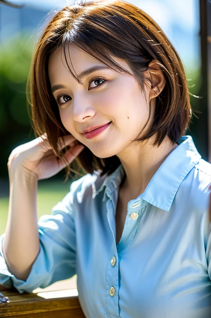 (Highest quality,8K,masterpiece:1.3,),(Ultra-high resolution,Realistic:1.4,RAW Photos),(Very detailed,Caustics),(Life),(sit),(low position:1.4),(Low Angle:1.3),18-year-old,cute,Black Short Hair,I'm looking at the camera with a smile on my face,Selfie,T-Shirts,(big :1.1),jeans,(Front shot:1.1),Bust up shot,(breast focus:1.1),(close:1.2),Natural light,