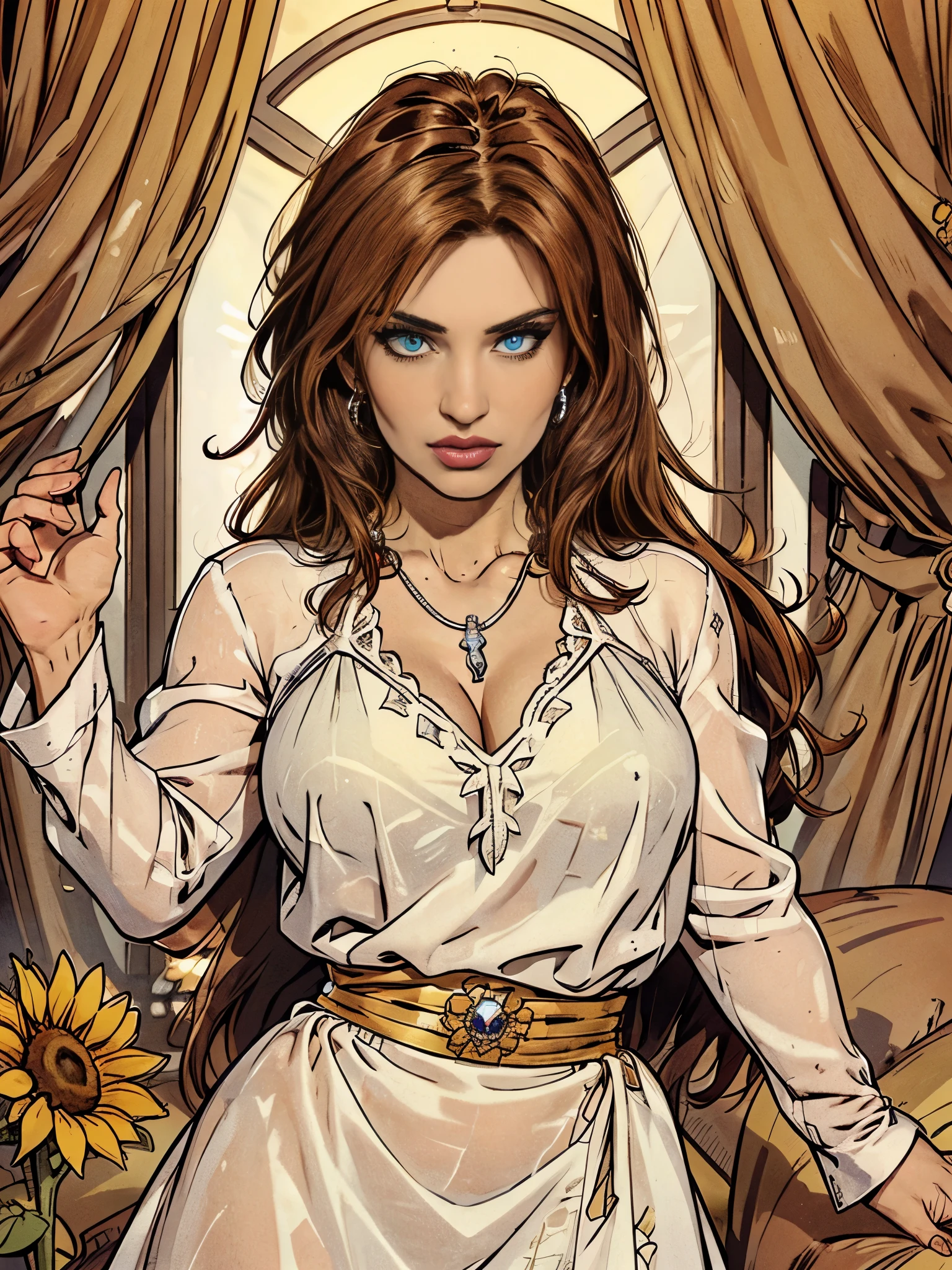 (  Absurdly , High quality , ultra detailed ) ,( hand detailed ) , 1girl, solo, mature, very long hair, sunflower hair , beautiful crystal eyes ( eye detailed ) Baroque, Necklace, long dress, long sleeve, elegant, colorful, highest detailed, upper body , with the river and sunflowers, tatiana.milovani 