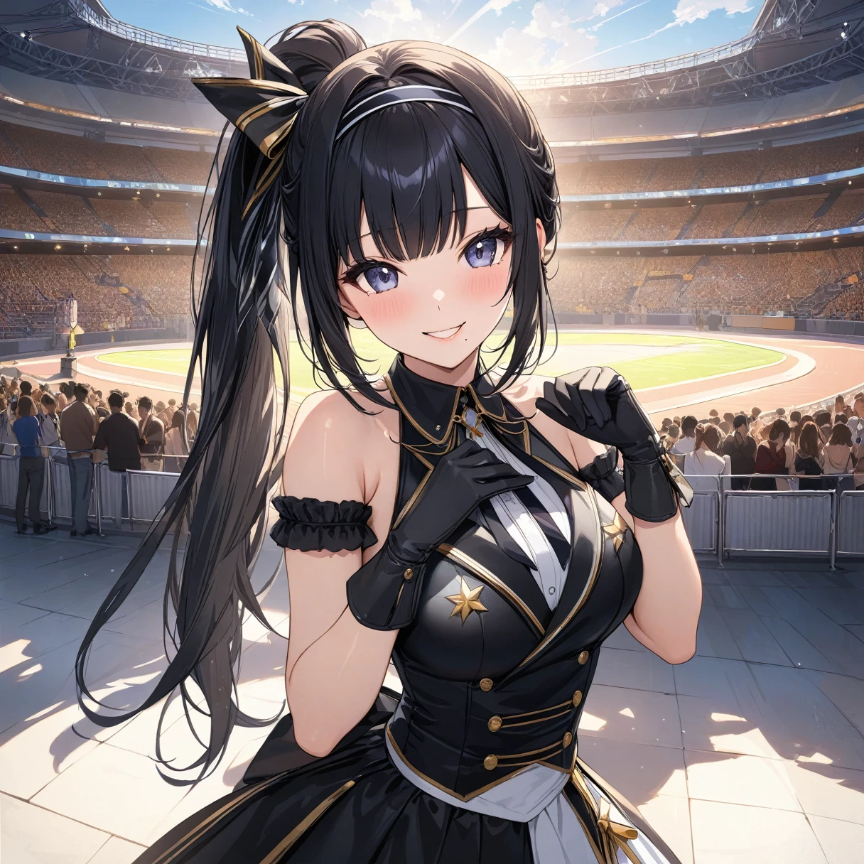 (masterpiece),(Please redeem),(Super detailed),(Best illustrations),(Best Shadow),(Absurd),(Detailed Background),(so beautiful),  Hiori said:, Black Hair, ponytail, smile, One Girl, Long Hair, Hairbands, ponytail, gloves, bangs, Idol, Browse your viewers, Mole under the mouth, 