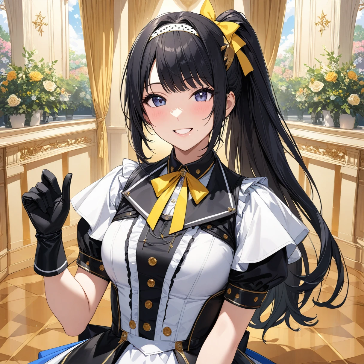 (masterpiece),(Please redeem),(Super detailed),(Best illustrations),(Best Shadow),(Absurd),(Detailed Background),(so beautiful),  Hiori said:, Black Hair, ponytail, smile, One Girl, Long Hair, Hairbands, ponytail, gloves, bangs, Idol, Browse your viewers, Mole under the mouth, 