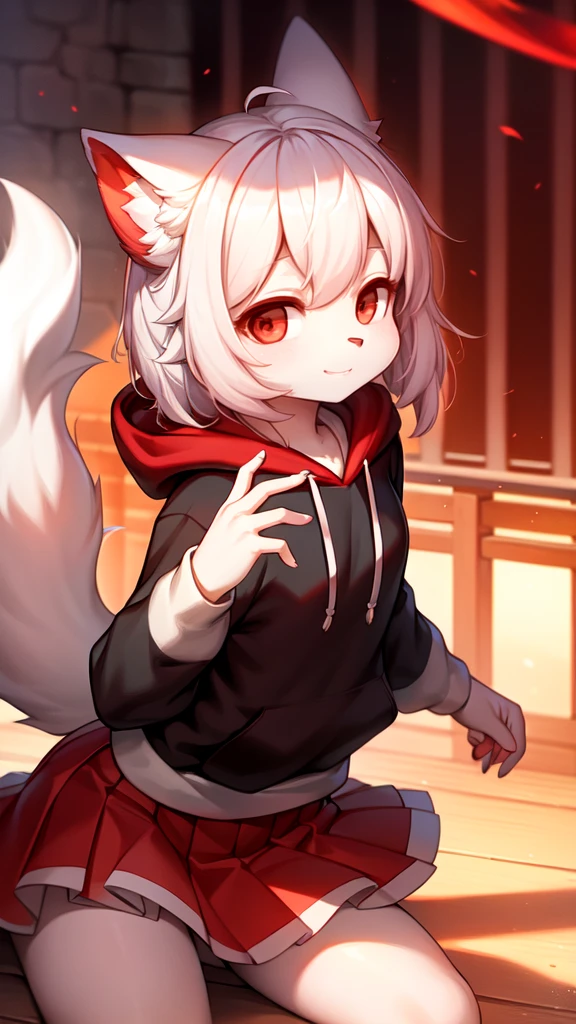 furry, white fur, ultra cute face, red elements on fur, glowing hoodie, beautiful lights and shadows, ambient light, ultra detailed fur, volumetric light, (thick thighs:0.9), Japanese-style kneeling sitting, (Sharp eyeliner, eye shadows, Detailed eyes:1.1), legs spread:1.1, (view from front:0.8), (fox:0.8), tail, overhead view:1.5, (breast:0.6)