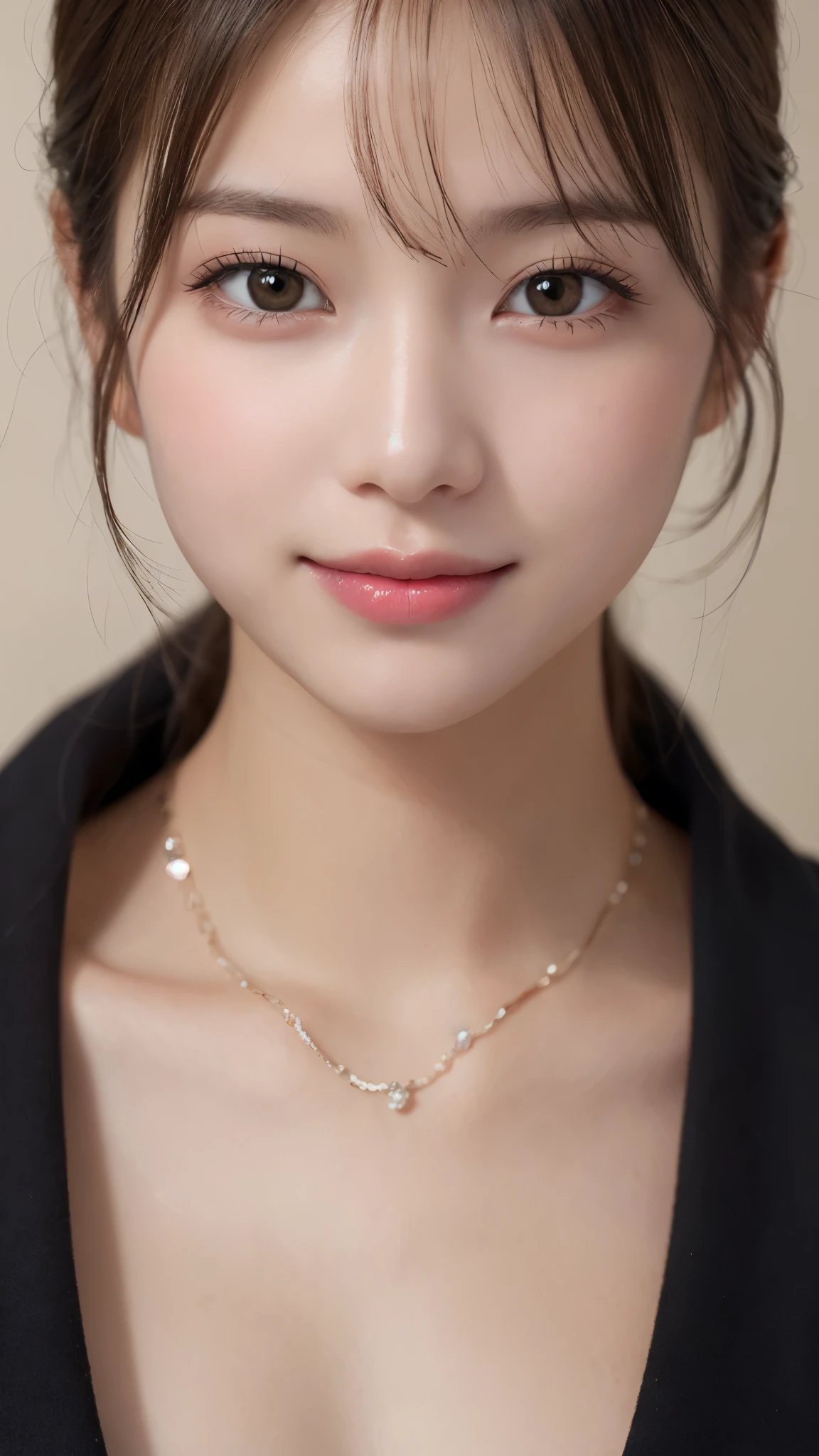 A close up of a woman wearing a black top and a necklace SeaArt AI