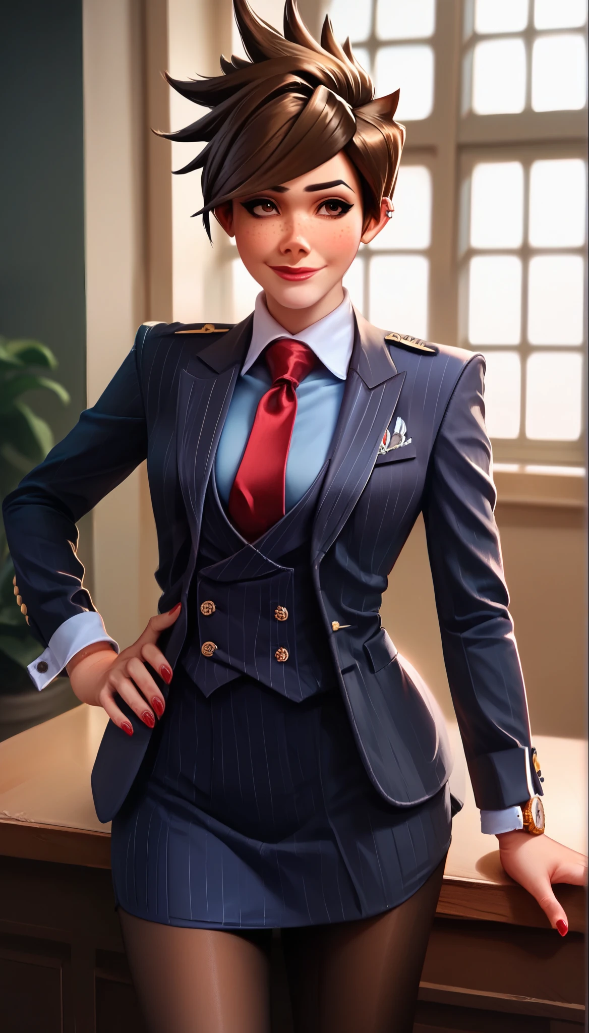 score_9, score_8_up, score_7_up, score_6_up, source_anime,  three-piece suit, tracer, 1girl, solo, brown hair, short hair, freckles, smile, pretty, formal, jewelry, navy pinstripe suit, red silk necktie, earrings, jacket, shirt, standing, hand on hip, window, black eyes, watch, navy pinstripe jacket, wristwatch, light blue shirt with white collar, red lips, navy pinstripe skirt, makeup, black pantyhose, cufflinks, black lapel trim, brown eyes, red nails,High Resolution, Blush, white cuffs, hand on desk, shiny clothing, glossy clothing