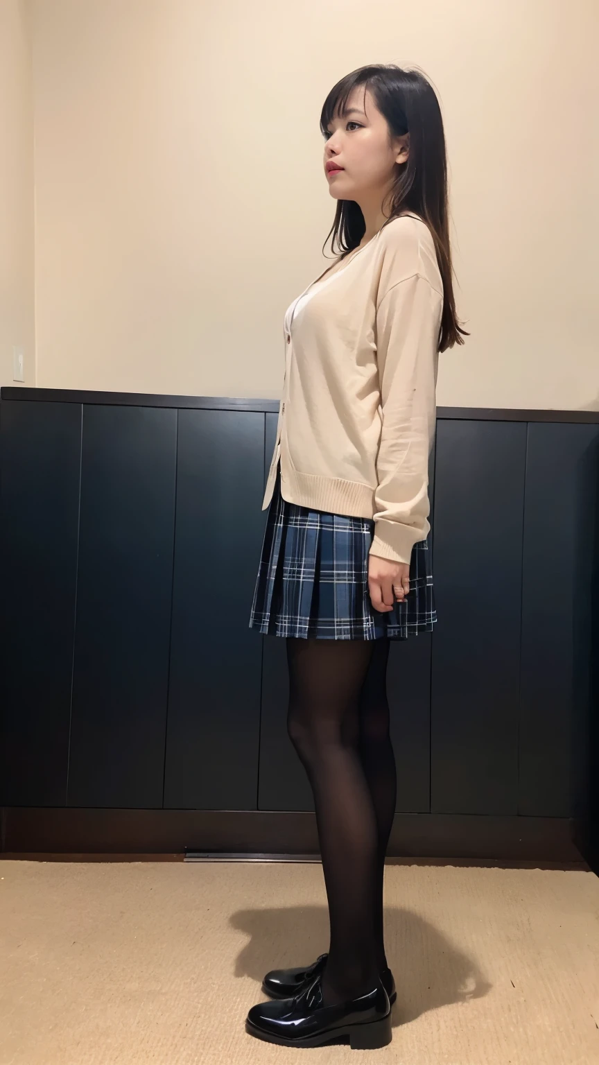 (((8k、High resolution、Highest quality、High resolution)))alone、Natural body shape、White skin、Natural Makeup、((Black Hair、bangs、Straight Long Hair))、((()))、Squat、(:1.4)、(())、(((((Full body photo)))))、(((Looking into the camera)))、(((Wear a uniform on the upper body)))、Bedroom、(((Of high school))) 、((white collared long sleeve blouse))、((Beige cardigan))、((Pleated skirt with dark blue plaid pattern、mini skirt、Ultra-realistic pantyhose))、、、Expressionless、((Exposing your thighs)), Beautiful mature woman