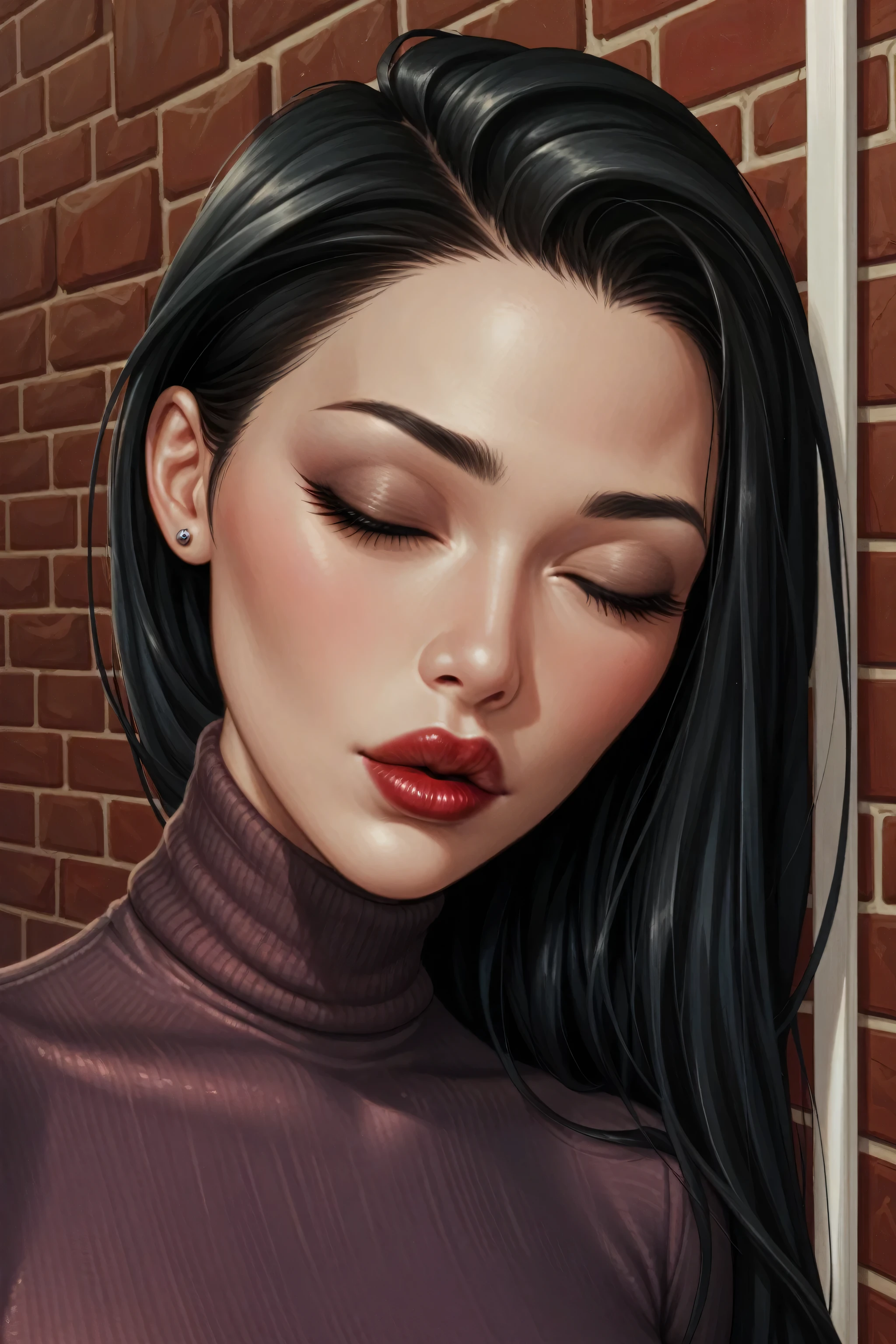 hyperrealistic art cinematic film still lower angle photography in the style of detailed hyperrealism photoshoot, Extremely high-resolution details, photographic, realism pushed to extreme, fine texture, ((very long straight sleek black hair:2.1)),beautiful asian woman gemma chan office setting (muse large lips red and full), , largebreasts_ wide hips, ,, long fingernails, lightly muscled, very tight red sweater nipples erect blue eyes,red lipstick ((againstwall , eyes closed going in for kiss :1.3)) ,