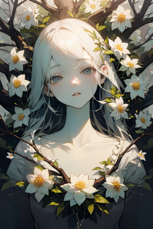 (masterpiece, best quality),1girl with long white hair sitting in a field of green plants and flowers, her hand under her chin, warm lighting, blurry foreground, spread legs, naked