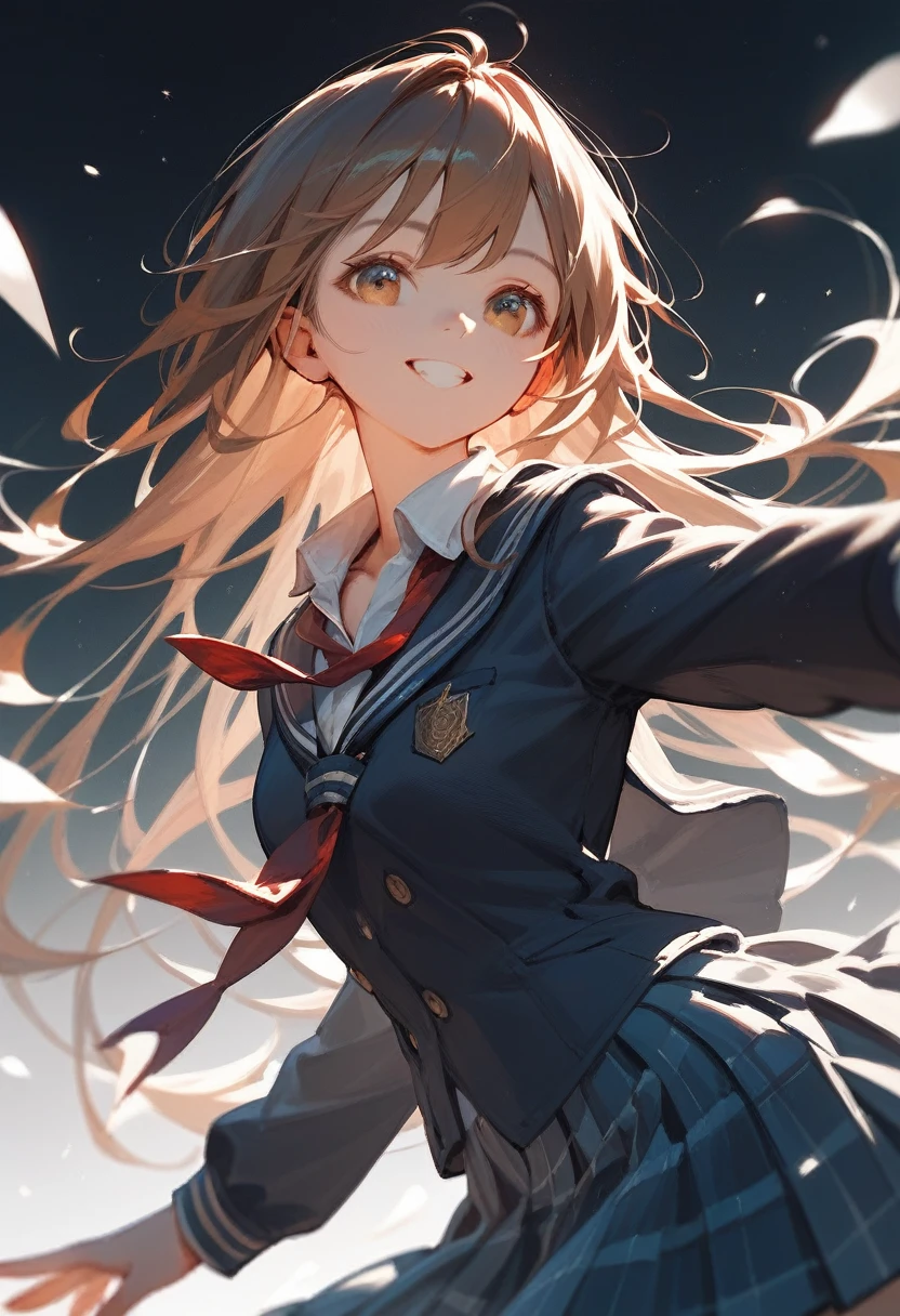 Score_9,Score_8_up,Score_7_up,conceptual art,highest quality,detailed,1 beautiful girl,brown_long_hair,side_bangs,slim,slope eyes,school uniform,(happy with me:0.5)