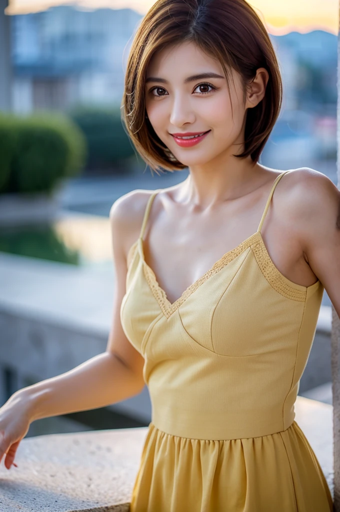 masutepiece, Best Quality, Illustration, Ultra-detailed, finely detail, hight resolution, 8K Wallpaper, Perfect dynamic composition、Mature woman 27 years old cute girl、Sweet girl、hposing Gravure Idol、A detailed face、Super detailed cute eyes、Realistic lips、Realistic and clean skin、Smile of embarrassment、Wavy brown short-cut hair、tiny chest、Bold sexy poses、Sweater with one shoulder exposed、Ginkgo in autumn leaves、