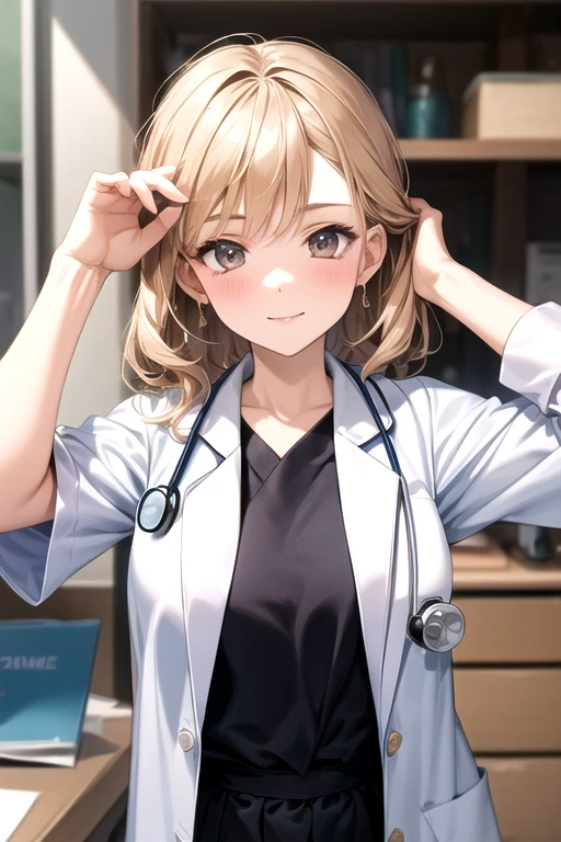 Genuine、masterpiece、Best Quality、1 girl、(((Female doctor&#39;s uniform)))、slender、Girl looking at the camera、Big beautiful brown eyes、Golden Hair、((Crazy Smile:1.8))、((Crazy Eyes:1.6))、((Eyes fully open))、((Sticking out tongue:1.6))、((Crazy Eyesの効果))、((Open your mouth, Drooling:1.6))、(((Sawtooth)))