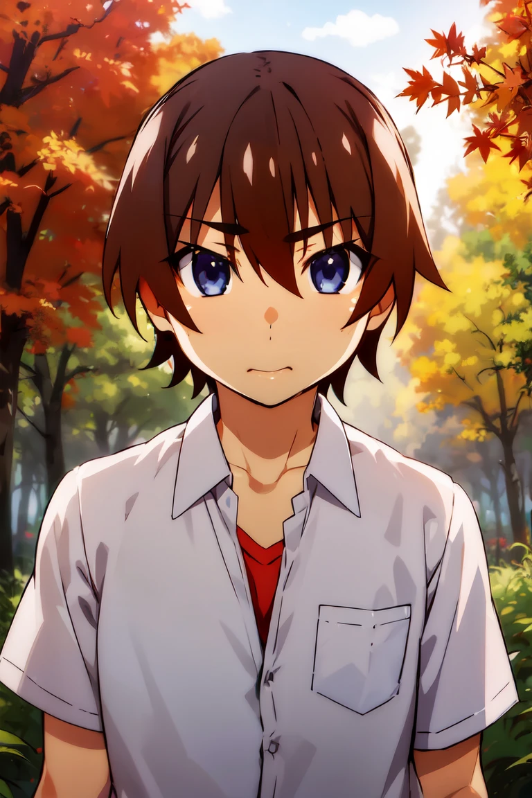 male, Alone, Keiichi_maebara, Brown Hair, blue eyes, Hair between the eyes, Deep in the autumn forest、落ち葉の敷かれた道を歩くmale性。The leaves are turning red、There is a sense of silence。Warm light pours in、カジュアルな服装をしたmale性がリラックスしている様子。