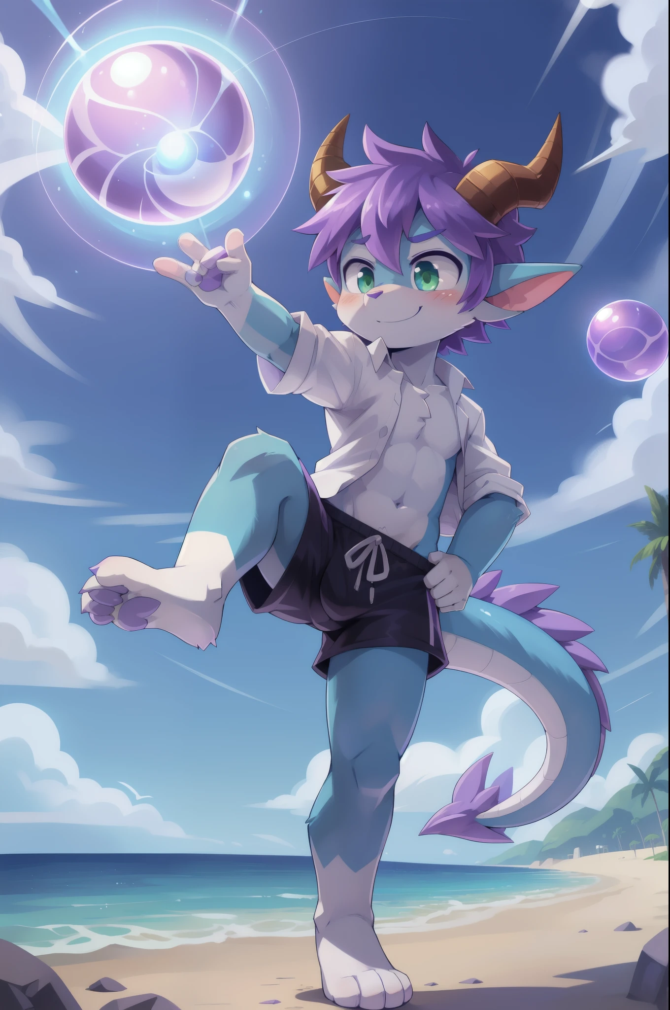 score_9,score_8_up,score_7_up, source_cartoon, source_furry, dragon boy, horns, green eyes, tail, purple hair, shota, furry, blush, dragon tail, looking at viewer, smile, dragon horns, pointy ears, short hair, furry male, two tone body fur, blue body fur, white body fur, ((white hawaiian shirt, open clothes, black swim trunks)), full body, feets with three toes, 3 toes, dynamic action shot, motion blur, thick outline, anthropomorphic, countershading, beach, clear sky, ((prepare to fight pose, most powerfull, lilac aura & energy ball, lilac energy ball on hand, lilac magic, standing with one leg, one leg up)), looking at you,