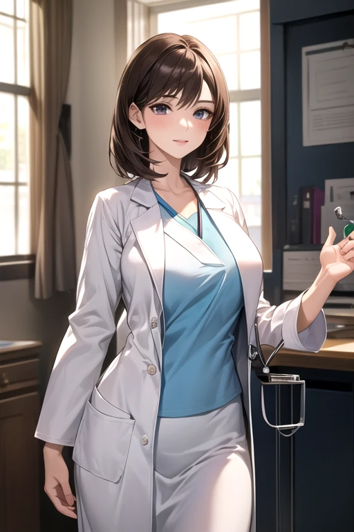 Genuine、masterpiece、Best Quality、1 girl、(((Female doctor&#39;s uniform)))、slender、Girl looking at the camera、Big beautiful brown eyes、Golden Hair、((Crazy Smile:1.8))、((Crazy Eyes:1.6))、((Eyes fully open))、((Sticking out tongue:1.6))、((Crazy Eyesの効果))、((Open your mouth, Drooling:1.6))、(((Sawtooth)))