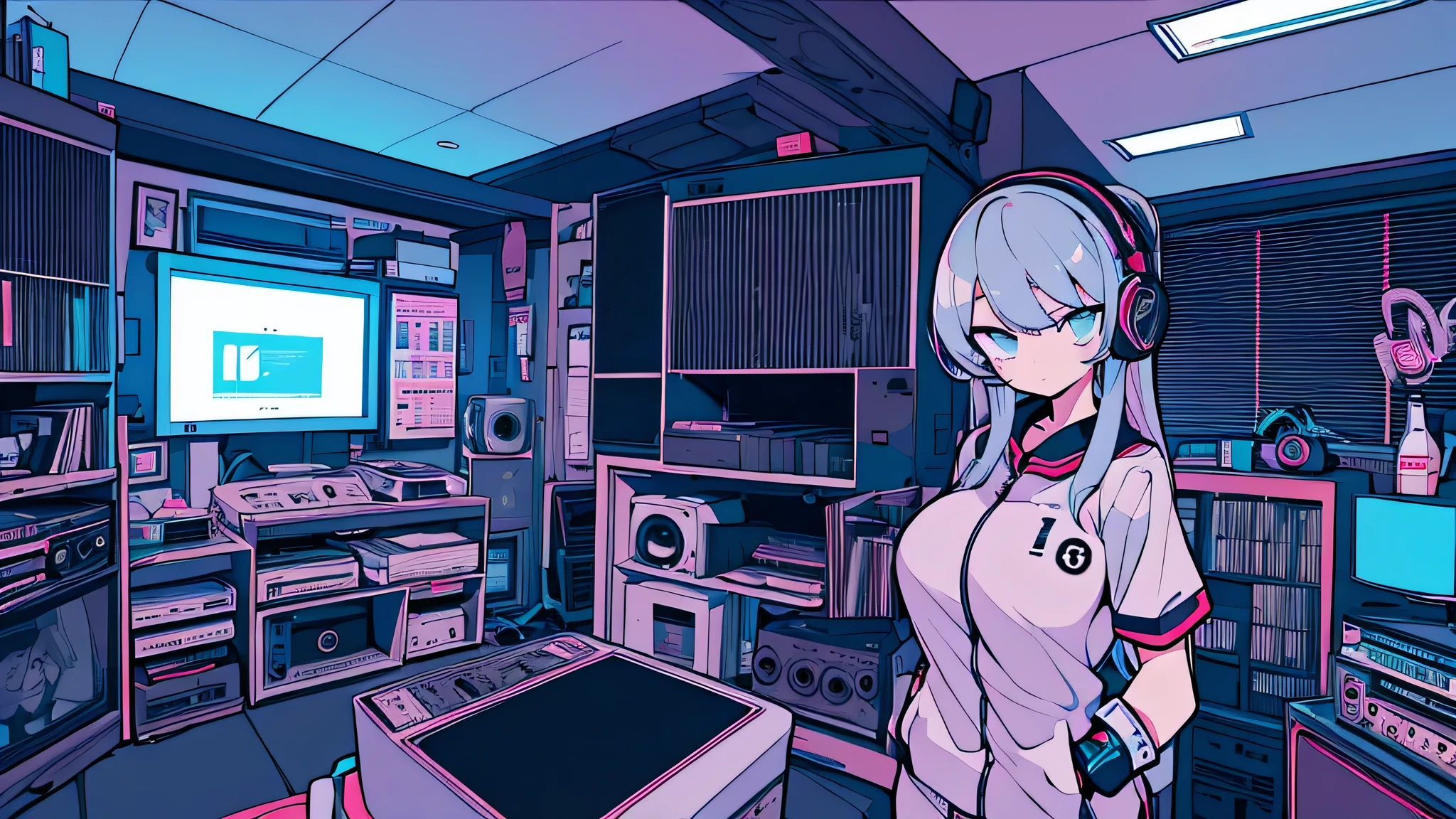 Best quality, (masterpiece), best detail face,1 girl, big breasts, 18 yo, 8k,absurdres,unity 8k wall paper,(extremely detailed:1.3), highest realistic, (retro headphones:), (soft neon light:), (psychedelic), Her room full of music equipment and plants, Light clothing in summer, See the whole room, She is leaving the room, natural color palette