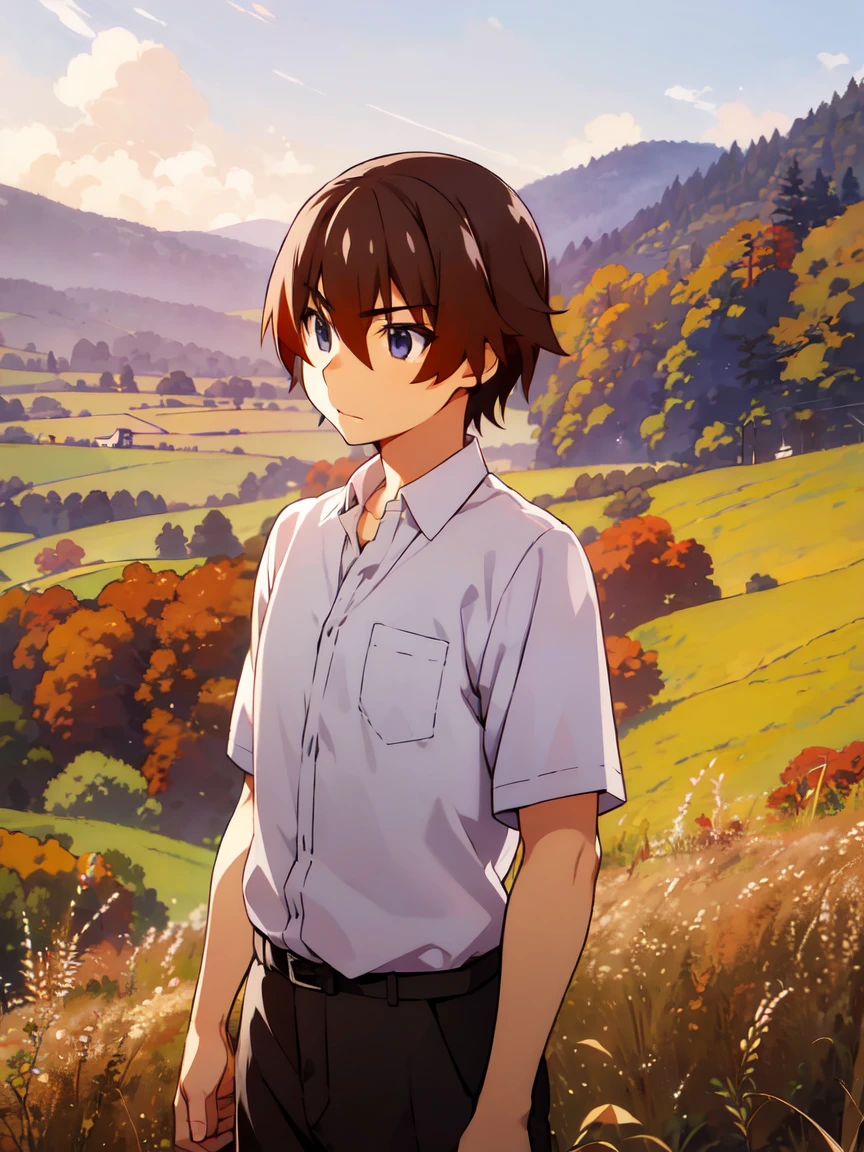 male, Alone, Keiichi_maebara, Brown Hair, blue eyes, Hair between the eyes, Autumn evening、A spacious area with silver grass swaying in the wind々A rural landscape。Under the clear sky、夕日の柔らかな光がmale性を包み込み、He is walking leisurely。