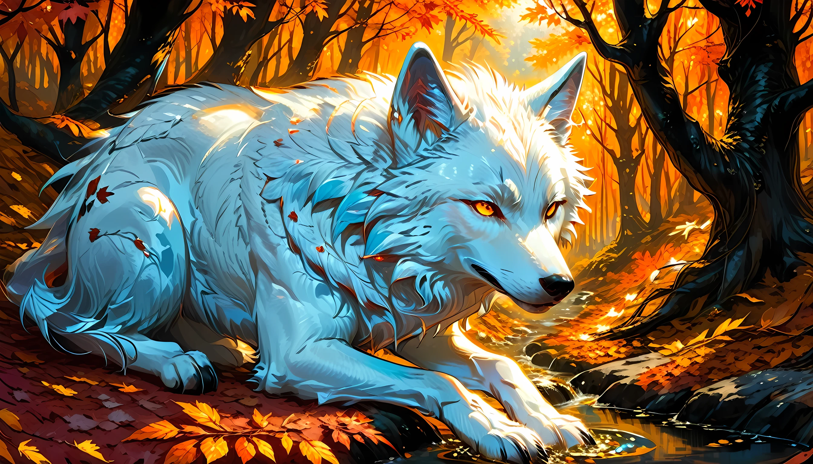 an epic white wolf sitting in the forest at autumn, an epic white wolf, with glowing eyes, at  fantasy autumn forest, fantasy forest (intricate details, Masterpiece, best quality: 1.5), (at autumn: 1.5), in orange, red, yellow brown leaves, many trees, a stream of water (intricate details, Masterpiece, best quality: 1.5), fantasy autumn forest background, best quality, 16k, [ultra detailed], masterpiece, best quality, (ultra detailed), full body, ultra wide shot, COMICS FANTASIA ANIME MANGA MANHUA MANWHA