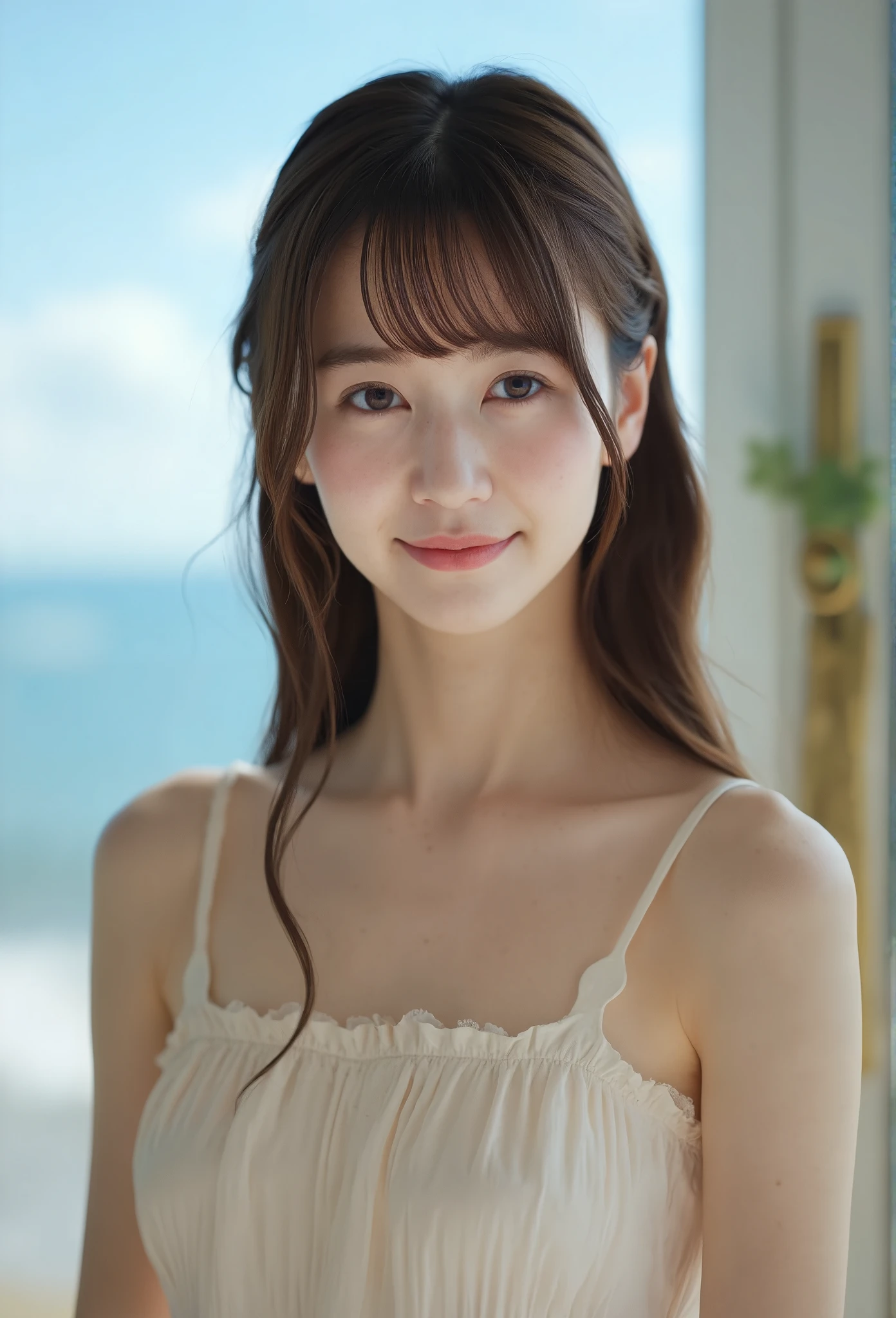 (UHD, masterpiece, anatomically correct, textured skin, super detail, best quality, highres, 8k, bloom, Front Light:1.2, Perfect dynamic composition,) Photograph of A portrait of a young east asian girl with swept bang and straight hair standing in a private room. She is wearing a summer dress and has long straight hair styled with bangs framing her face. The woman is looking directly at the camera with a slight smile on her face. The sky is blue with a few clouds in the distance. The overall mood of the image is peaceful and serene, capturing a tranquil moment in nature. harmonious color theory composition. shot on Sony A1. 
