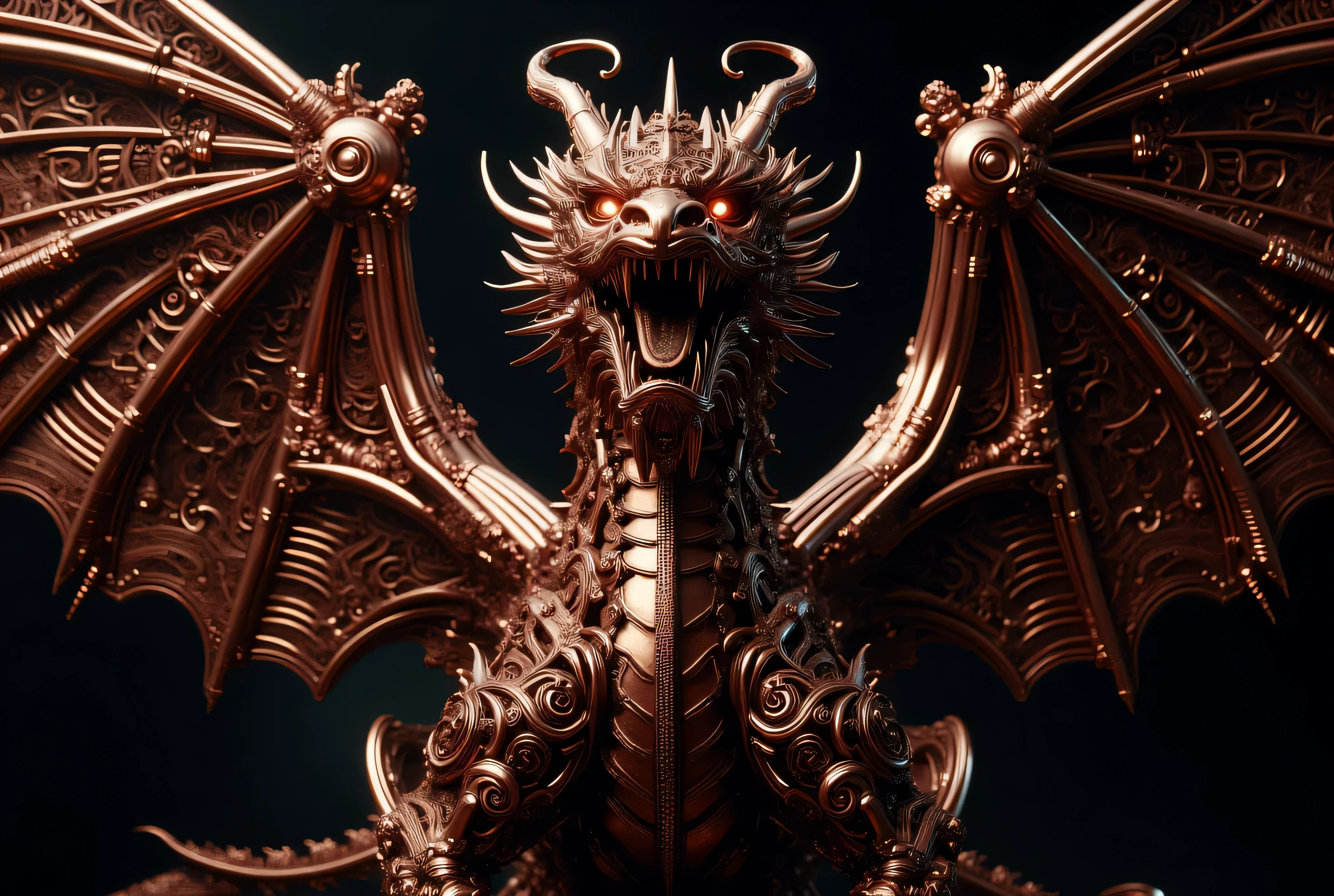 A high-resolution CopperDr4g0n style photograph of a fantastical dragon depicted in an intricate metallic design. The dragon is positioned centrally in the image, facing forward with its mouth slightly open, revealing sharp teeth and a menacing expression. Its body is adorned with an elaborate almost armour-like texture, featuring numerous spirals, ridges, and ornate patterns that resemble a combination of Celtic and Gothic motifs. The dragon's wings are spread wide, displaying a complex network of veins and metallic structures, adding to the machine-like appearance. The wings are adorned with intricate, swirling patterns that extend outward, giving the impression of a vast, almost mechanical expanse. The dragon's head is adorned with a crown-like arrangement of sharp, curved horns, and its face is covered in a mesh of intricate details that give it a fierce, otherworldly appearance. The dragon's body is segmented, with each segment displaying a unique almost organic yet metallic texture. The entire image is rendered in a deep, rich bronze colour, enhancing the metallic industrial feel. The background is a dark almost black void, which contrasts sharply with the dragon's metallic glow, ensuring that the dragon remains the focal point of the image.