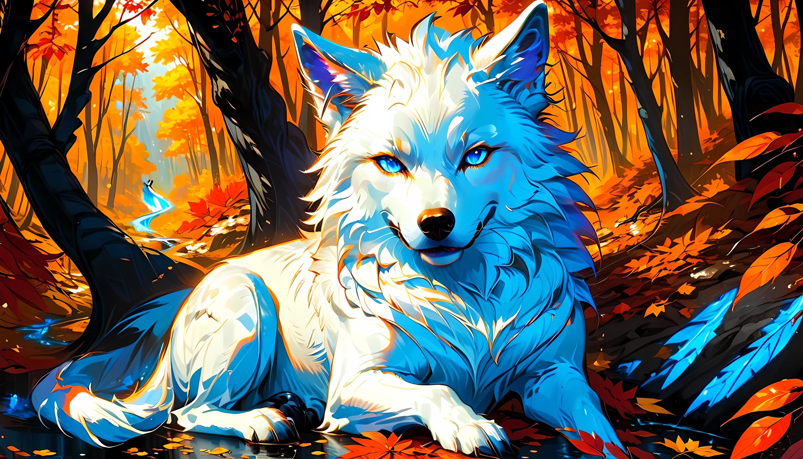 an epic white wolf sitting in the forest at autumn, an epic white wolf, with glowing blue eyes, at  fantasy autumn forest, fantasy forest (intricate details, Masterpiece, best quality: 1.5), (at autumn: 1.5), in orange, red, yellow brown leaves, many trees, a stream of water (intricate details, Masterpiece, best quality: 1.5), fantasy autumn forest background, best quality, 16k, [ultra detailed], masterpiece, best quality, (ultra detailed), full body, ultra wide shot, COMICS FANTASIA ANIME MANGA MANHUA MANWHA