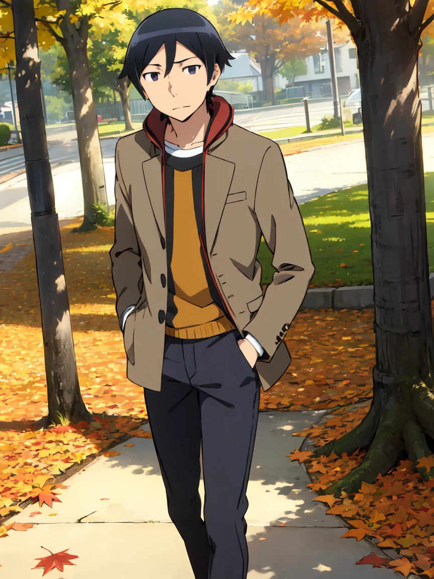 male, Alone, kyousuke kousaka, black hair, male focus, (black eyes:1.5),
Warm sunlight filtering through the trees, A park surrounded by autumn leaves, (Autumn coat), Vibrant leaf colour, 