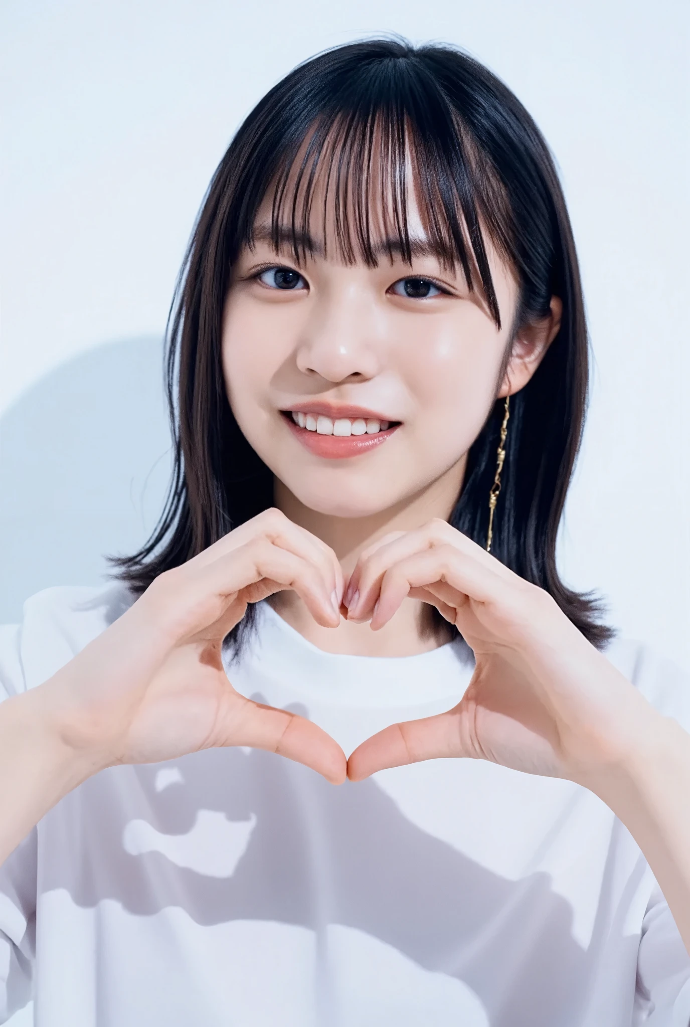 Highest quality, High Quality, 32K, Masterpiece, masterpiece, Realistic, Very detailed,  photograph, High resolution, ((Hands in heart shape, Cute poses and hairstyles that Japanese men really like.)), Smoother light, official art, Written boundary depth, Bright light, close, Detailed face, Cute Smile, Beautiful details in the eyes, real texture skin, T-Shirts,