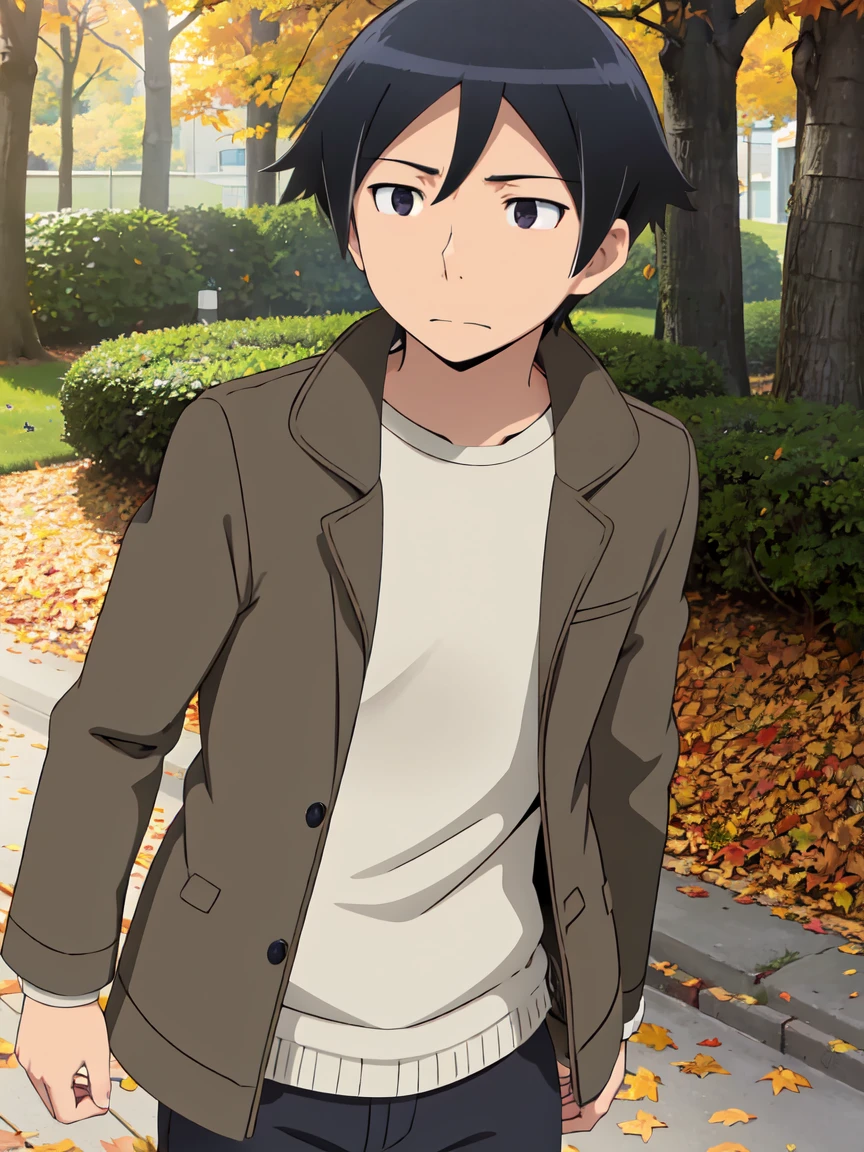 male, Alone, kyousuke kousaka, black hair, male focus, (black eyes:1.5),
Warm sunlight filtering through the trees, A park surrounded by autumn leaves, (Autumn coat), Vibrant leaf colour, 