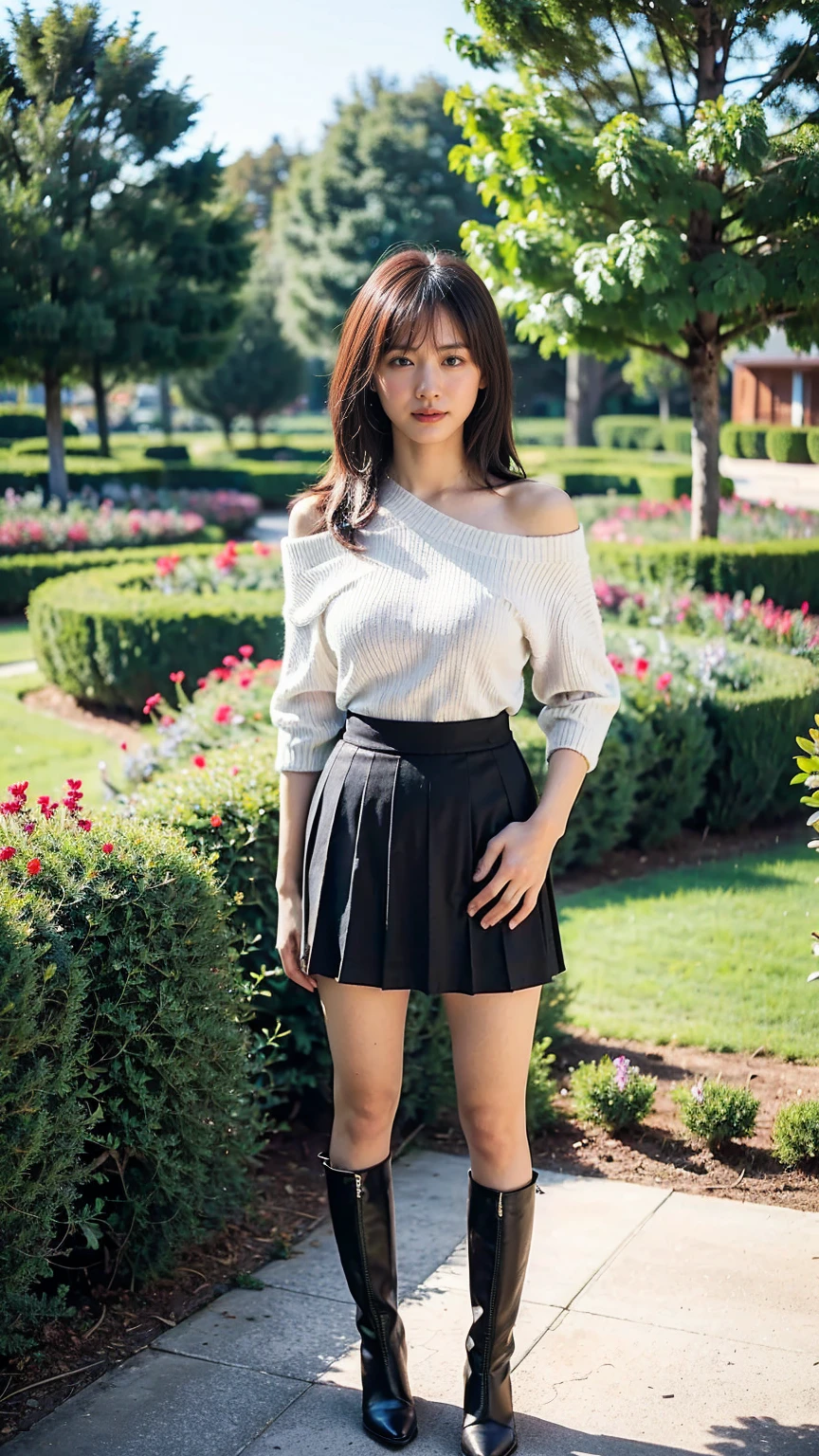 (8k、RAW Photos、Best Quality、masterpiece:1.2)、(Realistic、Realistic)、1 person、((Medium Hair、Black knit、Off the shoulder、Breast enlargement、Checked skirt、Thin legs、boots、View from the front、Looking into the camera、garden、Stand with hands on hips))、cute