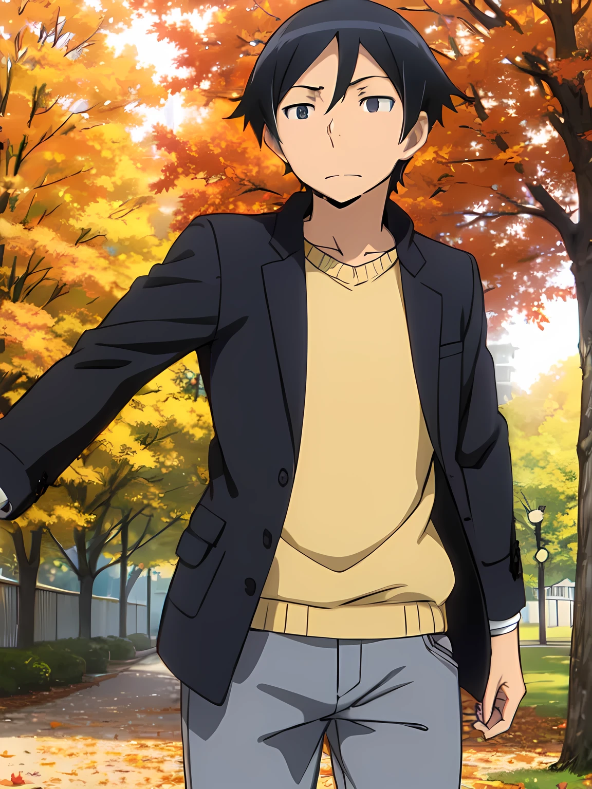 male, Alone, kyousuke kousaka, black hair, male focus, (black eyes:1.5),
Warm sunlight filtering through the trees, A park surrounded by autumn leaves, (Autumn coat), Vibrant leaf colour, 