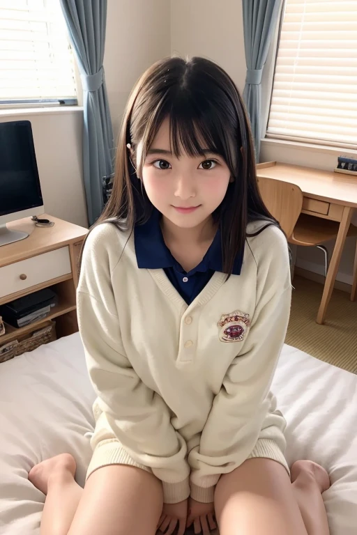 Best Quality,4K,hight resolution,masutepiece:1.2,Ultra-detailed,Realistic:1.37,nffsw,Studio Lighting,Vivid colors,Cute s,15 years olhair,Exposing school sailor suit,(Pull up the jacket:1.1),Filmed on video,Nervous,A room in a hotel,The skirt length is short,Sensational attire,Adult Video Interviews、Sitting in bed、Looking at the camera