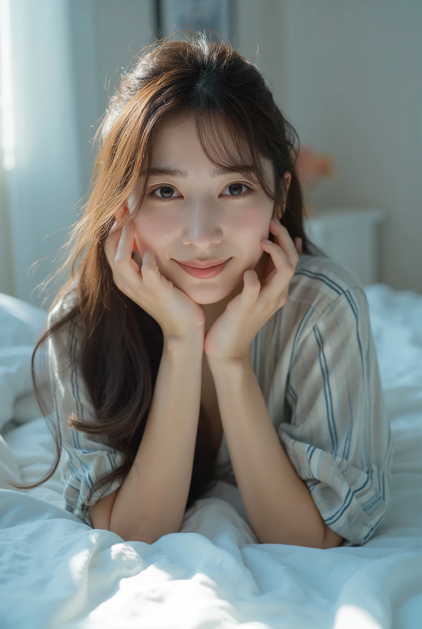 ((UHD, 8K, masterpiece)),A beautiful east asian girl is lying on bed ,(( wearing a pajama)), and grinning at dawn. Blue sunlight from Window casts her face.