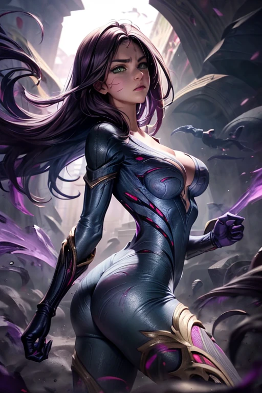 Kaisa, Kai'sa, Light green eyes, protecting her breast, grabbing her breast,grebbing her breast, falls on ground falls on ground falls on ground,defeated, cat pose, dark purple hair, purple robes with purple tones, cleavage, small round breasts,very detail face, realistic face,grabbing  her breast to protect, front angle, lies down, showing her pussy, front angle, front angle , front angle, front angle,ultra realistic full body ahot, big ass, thick thighs, ass focused,full body shot, sexy as fuck,Very purple and purplish, Empty, purple carp floating in the air, {paper extremely detailed 16k CG unit wall image}, expansive landscape photography, (a low view focusing on the character and setting), (wide open field view), (low angle shot), (high light: 1.2 ), (low light: 1.4), (warm light source: 1.2), complex details, (iridescent colors: 1.0), (bright lighting), (atmospheric lighting), Dreamy, aesthetic