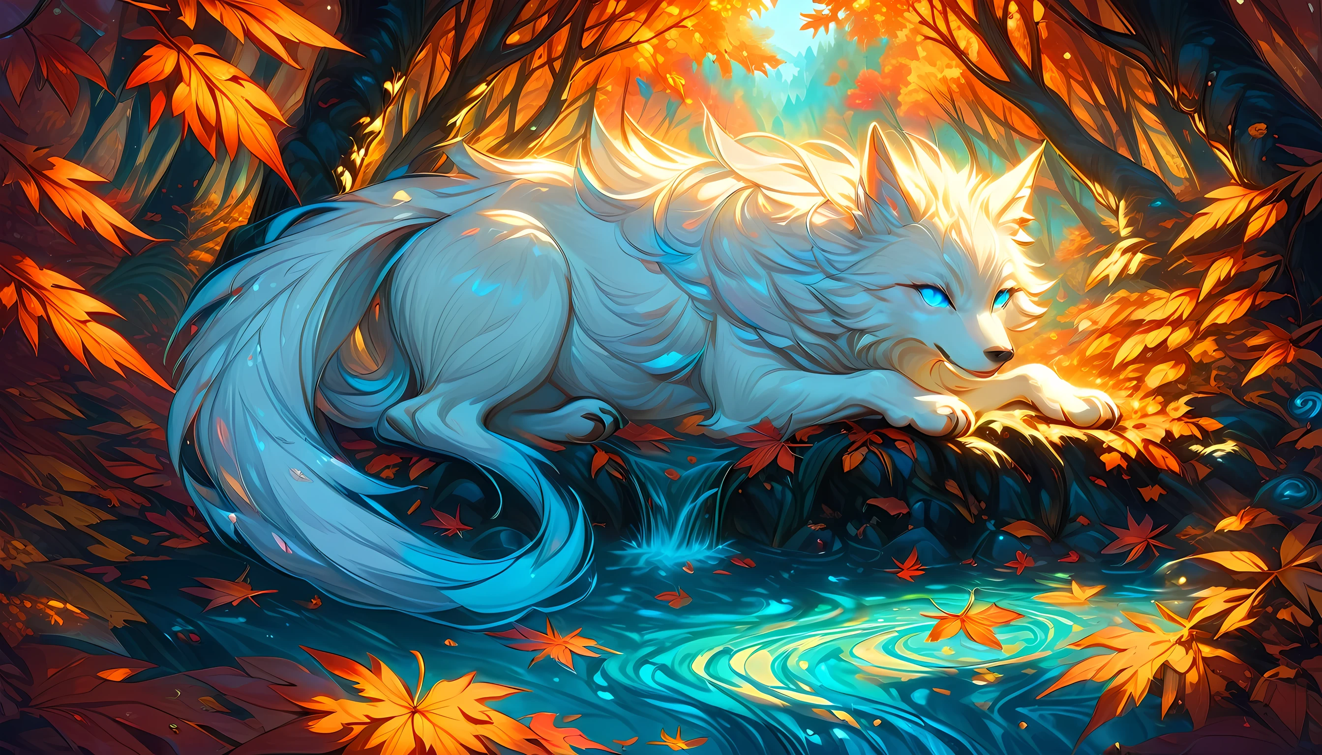 an epic white wolf sitting in the forest at autumn, an epic white wolf, with glowing blue eyes, at  fantasy autumn forest, fantasy forest (intricate details, Masterpiece, best quality: 1.5), (at autumn: 1.5), in orange, red, yellow brown leaves, many trees, a stream of water (intricate details, Masterpiece, best quality: 1.5), fantasy autumn forest background, best quality, 16k, [ultra detailed], masterpiece, best quality, (ultra detailed), full body, ultra wide shot, 3DMM