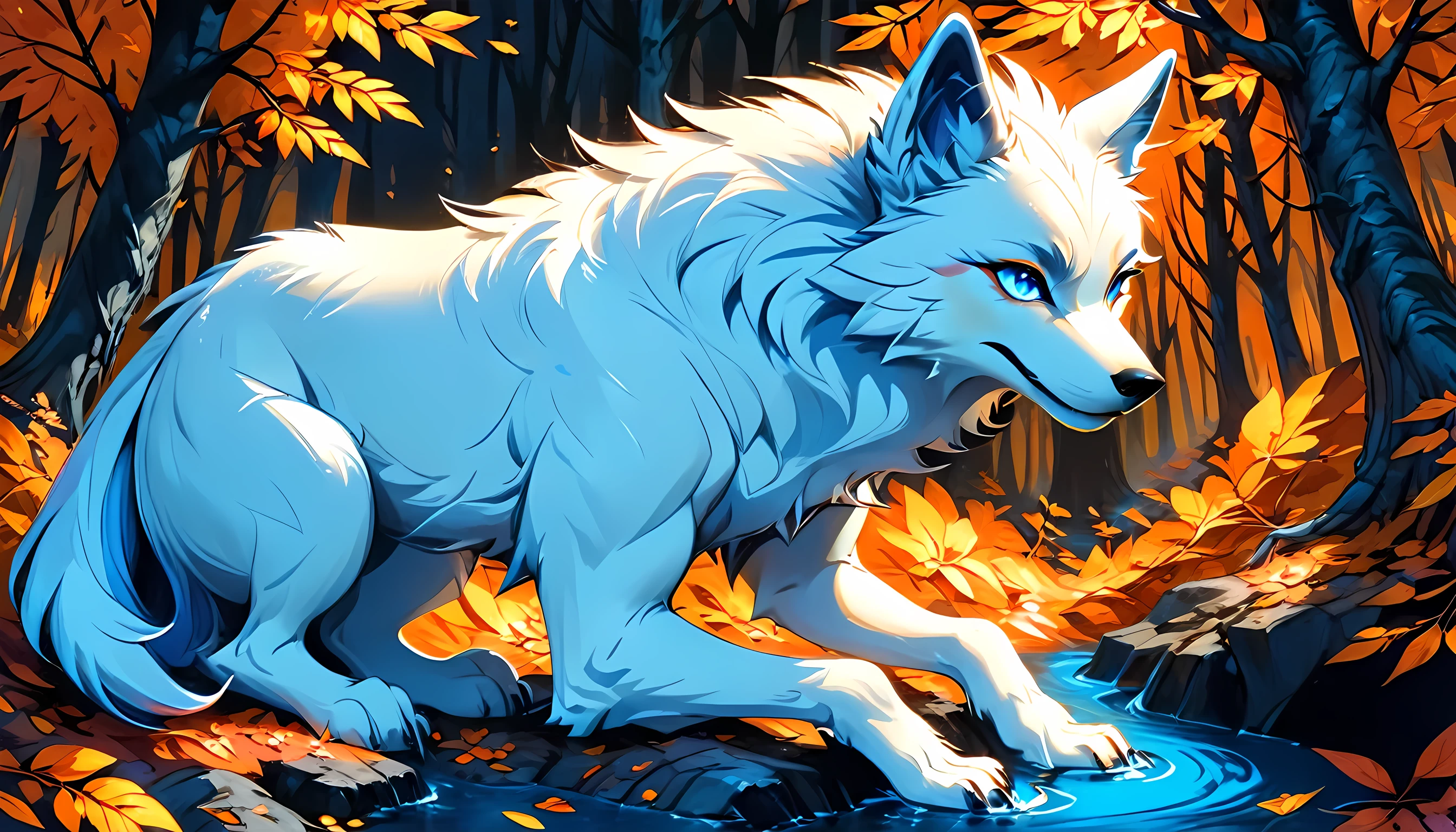 an epic white wolf sitting in the forest at autumn, an epic white wolf, with glowing blue eyes, at fantasy autumn forest, fantasy forest (intricate details, Masterpiece, best quality: 1.5), (at autumn: 1.5), in orange, red, yellow brown leaves, many trees, a stream of water (intricate details, Masterpiece, best quality: 1.5), fantasy autumn forest background, best quality, 16k, [ultra detailed], masterpiece, best quality, (ultra detailed), full body, ultra wide shot, 3DMM