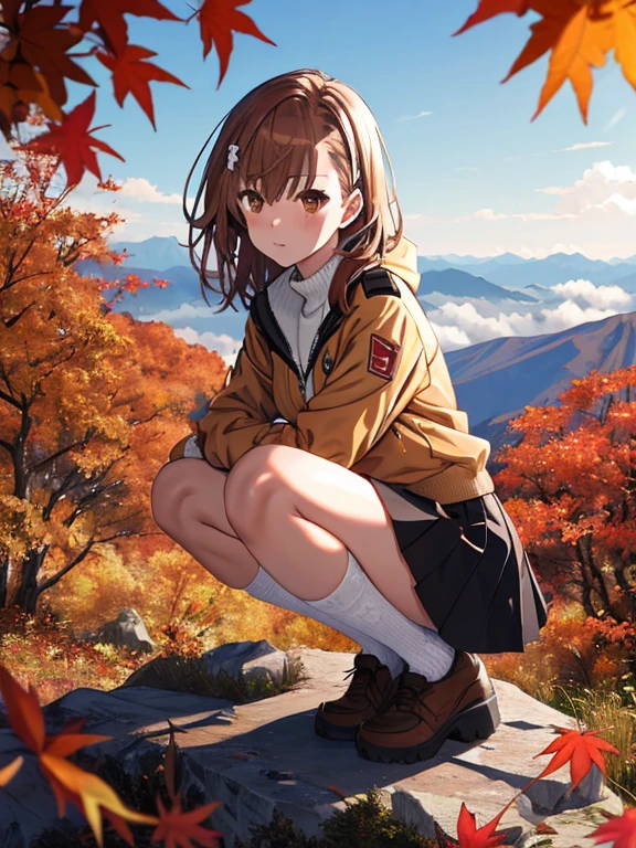 autumn leaves, autumn, Mountaineering, Summit, squat, White underwear is visible from under the skirt, (Misaka Mikoto), UHD, retina, masterpiece,accurate anatomy, textured skin, super detailed, high quality, best quality, highres, 8k