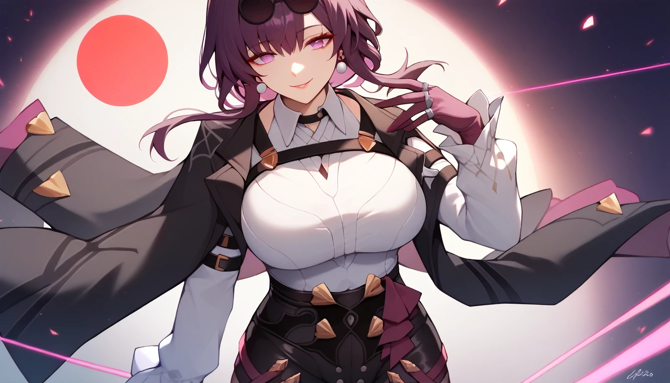 One Girl,Kafka, Purple eyes, Purple Hair, bangs, Side Lock, Put your glasses on your head, earring, White Shirt, Collared shirt, Long sleeve black jacket, Jacket on shoulders, Harness, Large Breasts, Purple Gloves, Black shorts, High-waisted shorts, Purple thigh straps, Tights Single Thigh High Boots,There are no students, Black Choker, ring, Show your shoulders, pearl earring, Armband,masterpiece,Anatomically correct, 8k,(background,Big Red Moon,Simple),Charming smile,Close-up from head to waist