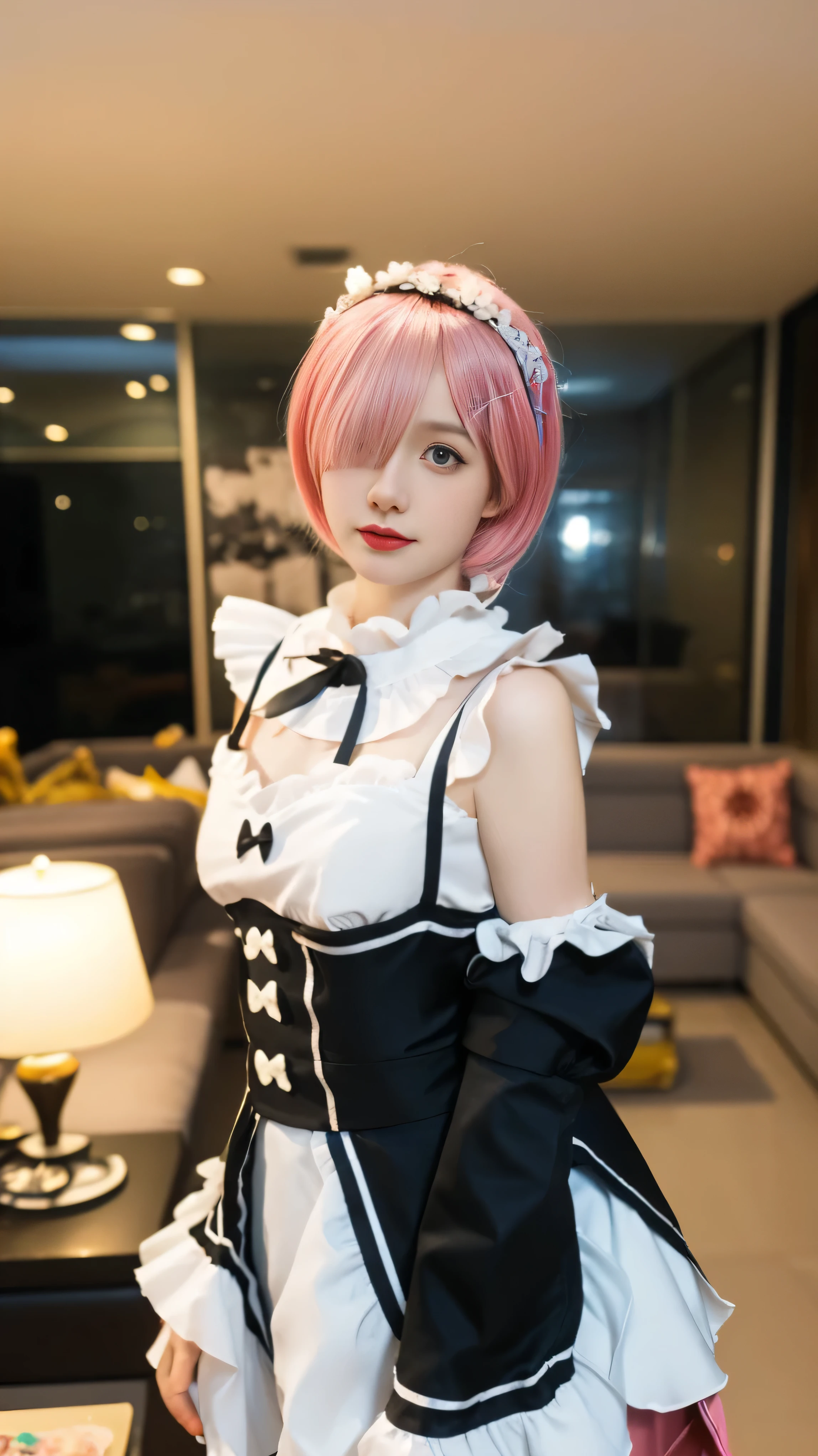 (best quality), (masterpiece), (Ultra-high resolution), (Clear face), (Reality: 1.4), (perfect lighting),(photorealistic:1.30), anime wallpaper, Guviz style artwork , fantasy cover up to magic , by Yang J, Guviz, beautiful artwork illustration, beautiful digital artwork, beautiful digital illustration, Li Song, beautiful anime portrait, art style at Beauvot,illustration, ethereal and beautiful, highly detailed, CG, unity, 8k wallpaper, Amazing, fine detail, official art, highly detailed CG unity 8k wallpaper,absurd, extremely absurd, large file size, highly detailed , high resolution, very detailed,beautiful girl with details, very detailed eyes and face, beautiful detailed eyes,light on the face,cinematic lighting,R_E_M, 1girl,(short pink hair:1.5), blue eyes, (hair over one eye:1.3), hair ornament, pink hair ribbon, rem's maid uniform, detached sleeves,absurdres,(cute),(standing),((looking at viewer)),(dynamic pose:1.3), upper body, indoors, living room, sofa, tables, window,